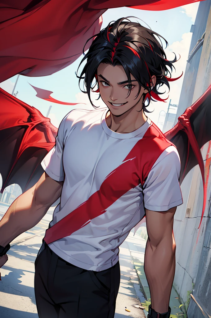 ((Best quality)), ((masterpiece)), top quality), standing alone, black hair with red streaks, hair ahoudler length, white T-shirt, curvey, smiling, devil wings, pink smoke around them