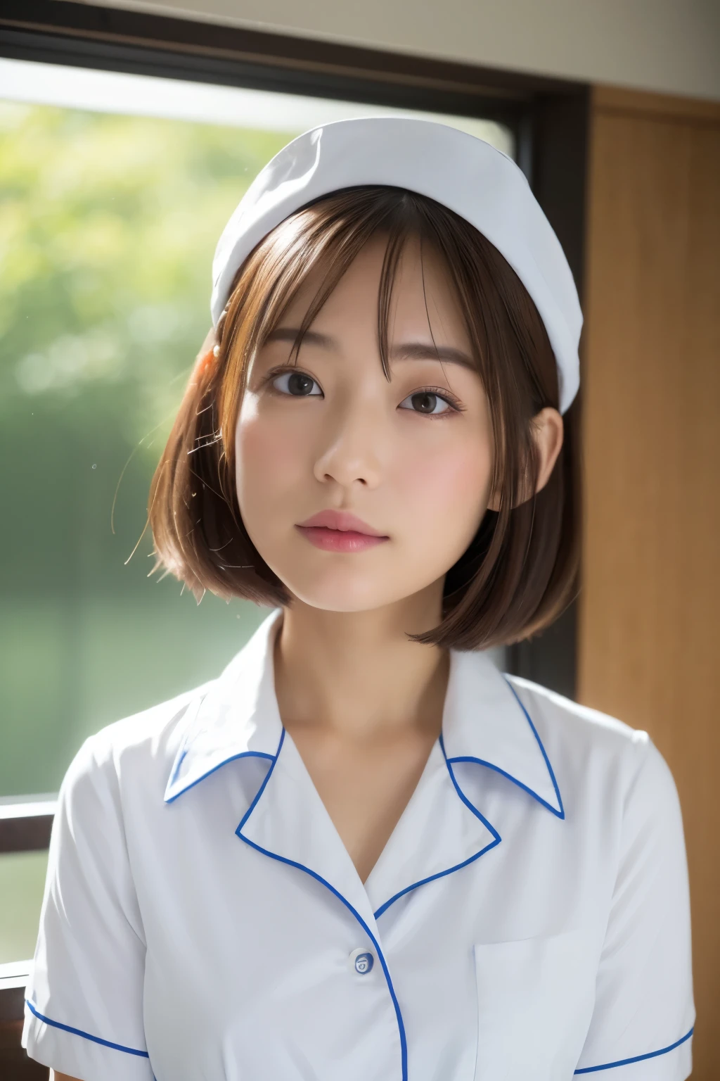 (top-quality、8K、32K、masterpiece、nffsw:1.2)、Photo of a cute Japanese woman、女の子 1 人、(Medium short dark brown hair)、(small tits)、二重まぶた、White nurse uniform、Small white nurse cap 、White shirt、open-shirt、hospitals、Hospital Room、The upper part of the body、