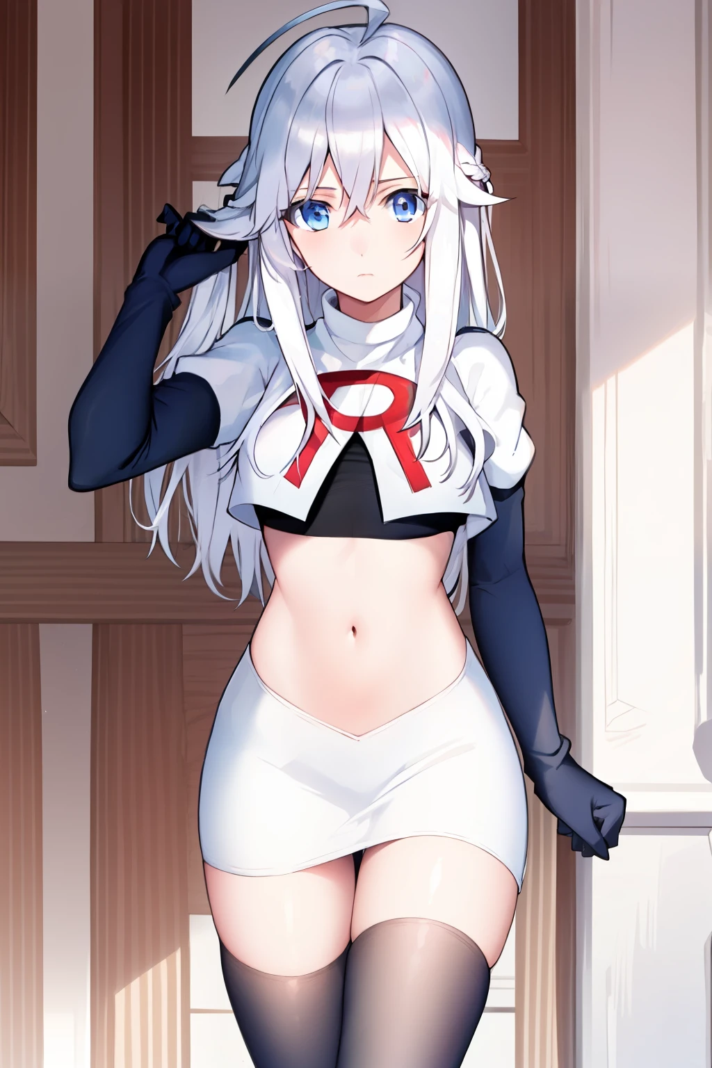 (masterpiece, best quality:1.2), 
1girl,Vladilena,lenaface, blue eyes, breasts, looking at viewer, white hair,medium breasts, antenna hair, hair between eyes,  looking at viewer, ahoge, expressionless, bangs, white hair,
team rocket,team rocket uniform, red letter R, white skirt,white crop top,black thigh-highs,black elbow gloves
