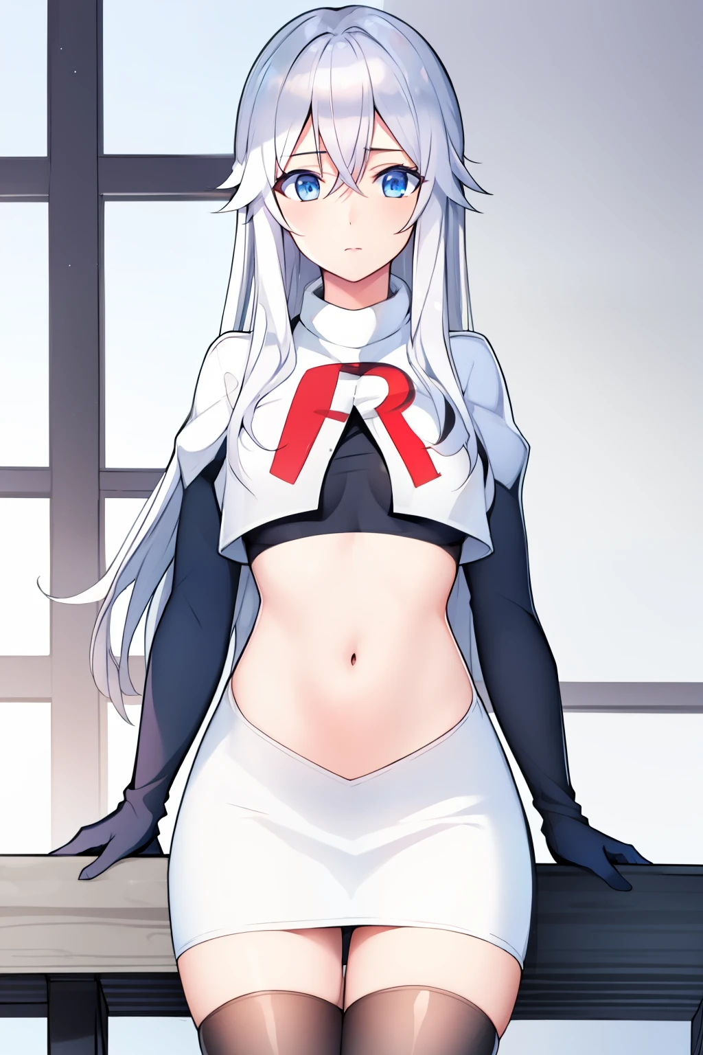 (masterpiece, best quality:1.2),
1girl,Vladilena,lenaface, blue eyes, breasts, looking at viewer, white hair,medium breasts, antenna hair, hair between eyes, looking at viewer, ahoge, expressionless, bangs, white hair,
team rocket,team rocket uniform, red letter R, white skirt,white crop top,black thigh-highs,black elbow gloves