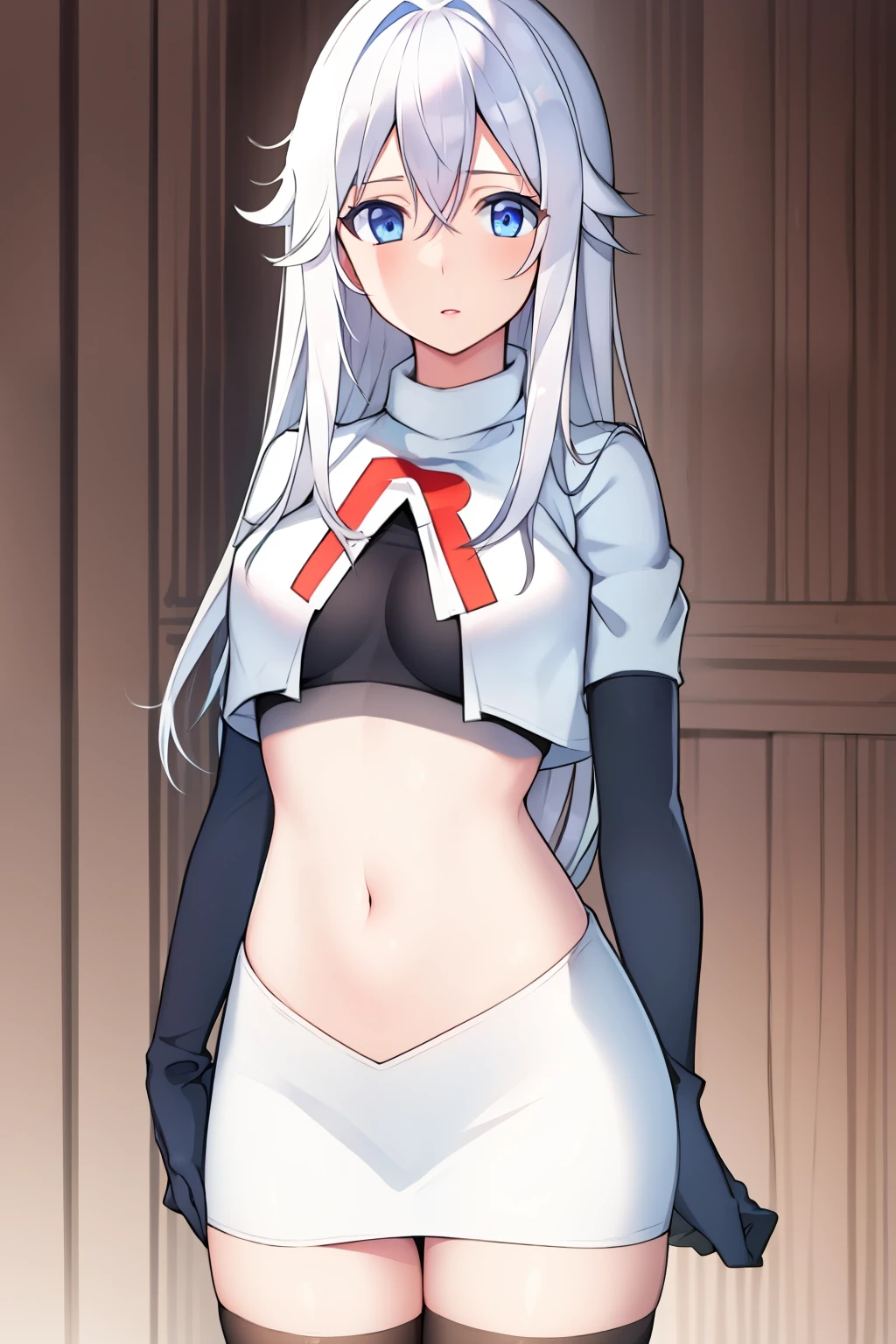 (masterpiece, best quality:1.2), 
1girl,Vladilena,lenaface, blue eyes, breasts, looking at viewer, white hair,medium breasts, antenna hair, hair between eyes,  looking at viewer, ahoge, expressionless, bangs, white hair,
team rocket,team rocket uniform, red letter R, white skirt,white crop top,black thigh-highs,black elbow gloves
