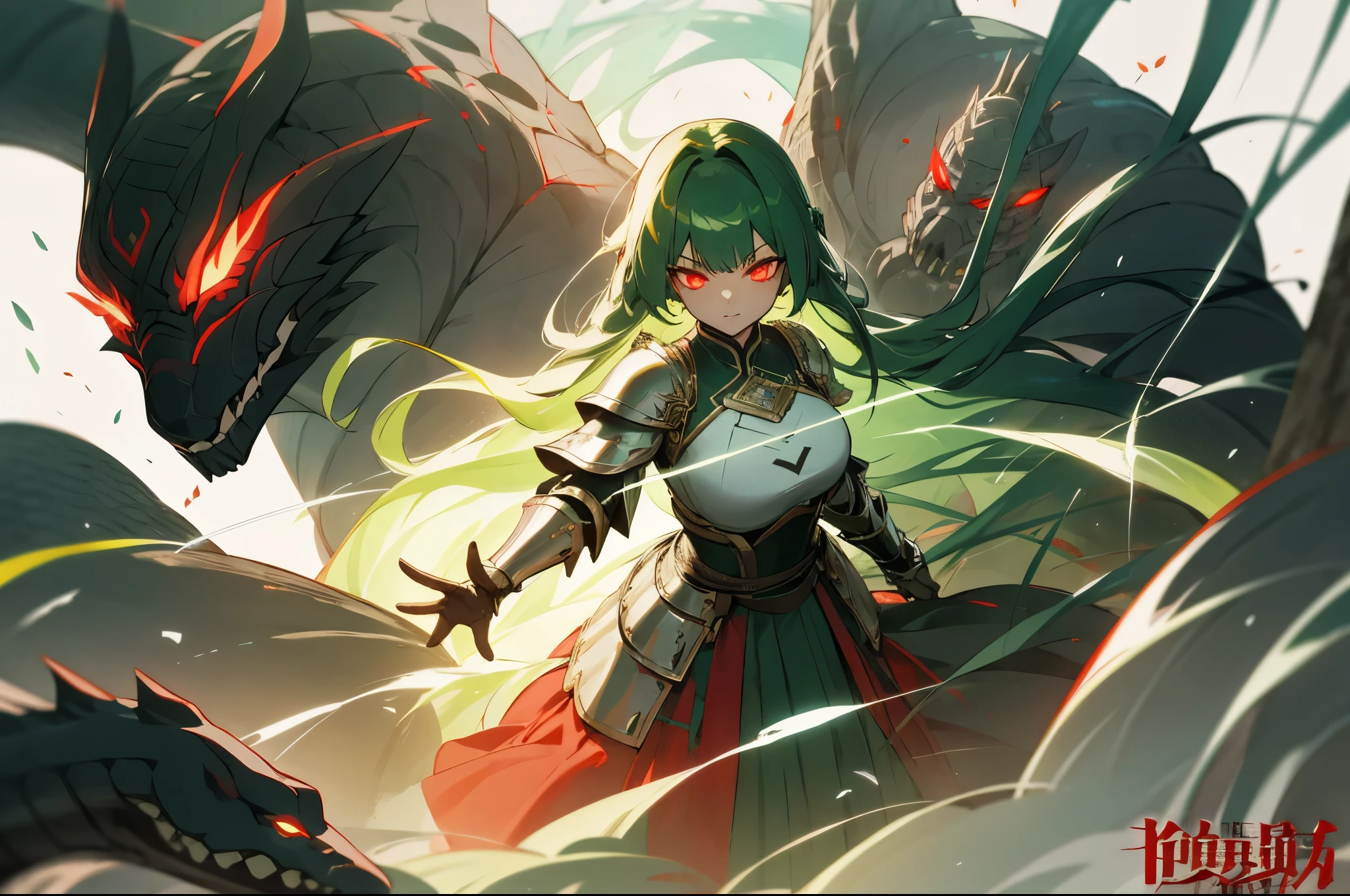 girl,Black-green hair,red eyes,snake hair,Medusa,long hair,glowing eyes,glowing eyes,glowing eyes,long skirt,White-gold armor,myth,movie poster,Breath of death,Unbelievable,Tyndall effect,克苏鲁myth