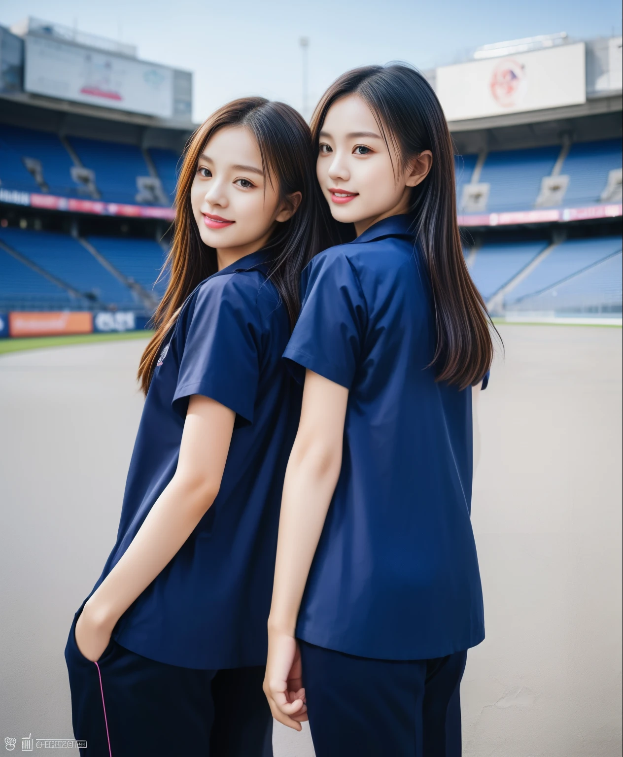 (best quality,10,10,height,Masterpiece:1.2),Special details,(realistic,ภาพrealistic,Realistic photos:1.37),1 cute girl on the football field,Shiny skin,only,smile softly,BDclothelue shirt:1.3)),short sleeve,shirt, กางเกงขาlong.,(navy_long_ติดตามกางเกงขาlong:1.1), ((stadium background:1.3)),Dynamic angle,excited,Face focus,dynamic poses,from behind,focus ass,Masterpiece, best quality, ultra realistic, Too many details, 8k resolution, raw photos, Sharp focus, ((Navy blue shirt:1.1)), short sleeve, เส้นทางlong, perfect bodyแบบ, 2 mature women, 18, Cinema-grade lighting system ,กางเกงขาlongวอร์มสีน้ําเงิน,shirtผ้าออกกำลังกาย,correct anatomy,perfect body, correct body, Sharp face, correct bodyทางกายวิภาค, full body, realistic gestures, long-haired, realistic ,ช่วงขาlong,fit,carved girl, Slender figure, model, fit, beautiful body,Blue sweatpants, กางเกงวอร์มขาlong