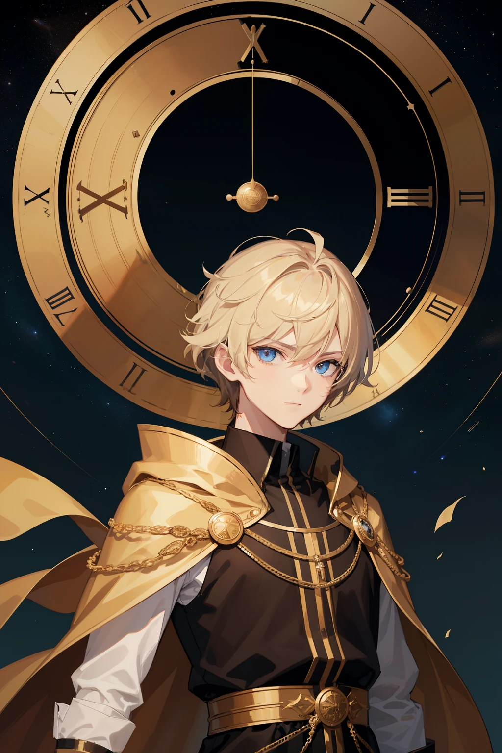 (high-quality, breathtaking),(expressive eyes, perfect face) 1male, male, solo, short body, young teenager age, short length hair, blonde with brown highlights hair color, unkept hair, dark blue eyes, serious expression, black robe, white shirt, Saturn, Saturn Roman God of Time, Sundial background, space background, portrait, upper body