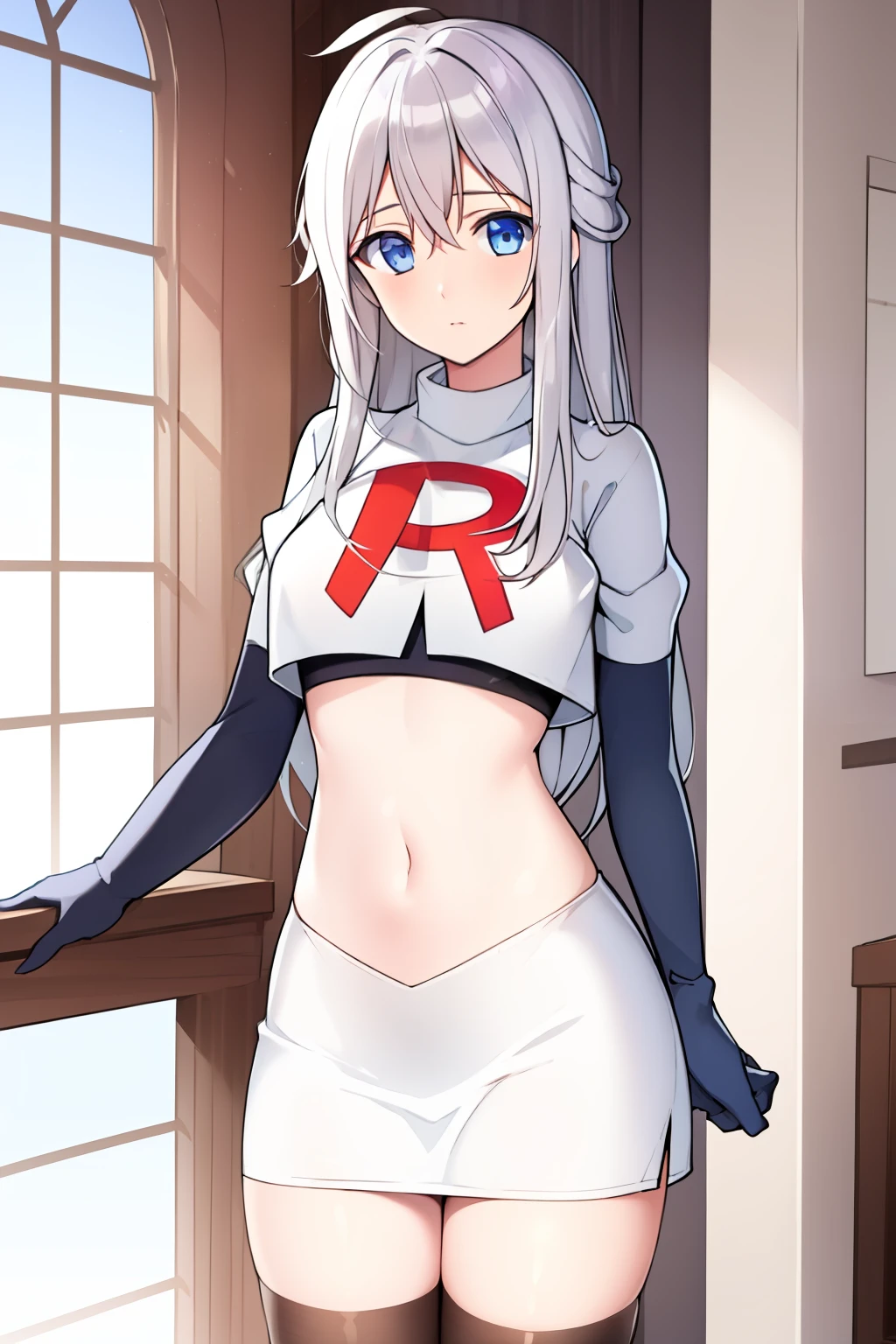 (masterpiece, best quality:1.2), 
1girl,Vladilena,lenaface, blue eyes, breasts, looking at viewer, white hair,medium breasts, antenna hair, hair between eyes,  looking at viewer, ahoge, expressionless, bangs, white hair,
team rocket,team rocket uniform, red letter R, white skirt,white crop top,black thigh-highs,black elbow gloves
