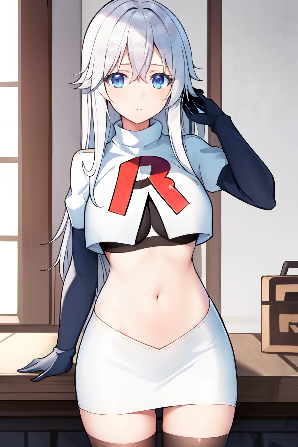 (masterpiece, best quality:1.2), 
1girl,Vladilena,lenaface, blue eyes, breasts, looking at viewer, white hair,medium breasts, antenna hair, hair between eyes,  looking at viewer, ahoge, expressionless, bangs, white hair,
team rocket,team rocket uniform, red letter R, white skirt,white crop top,black thigh-highs,black elbow gloves
