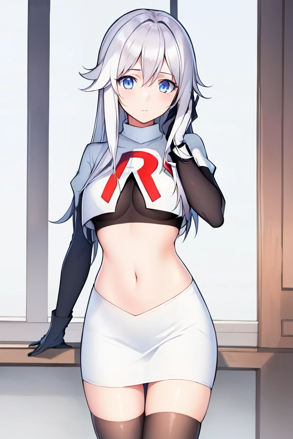 (masterpiece, best quality:1.2), 
1girl,Vladilena,lenaface, blue eyes, breasts, looking at viewer, white hair,medium breasts, antenna hair, hair between eyes,  looking at viewer, ahoge, expressionless, bangs, white hair,
team rocket,team rocket uniform, red letter R, white skirt,white crop top,black thigh-highs,black elbow gloves
