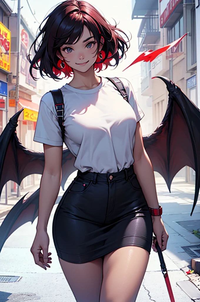 ((Best quality)), ((masterpiece)), top quality), standing alone, black hair with red streaks, hair ahoudler length, white T-shirt, curvey, smiling, devil wings, pink smoke around them, woman