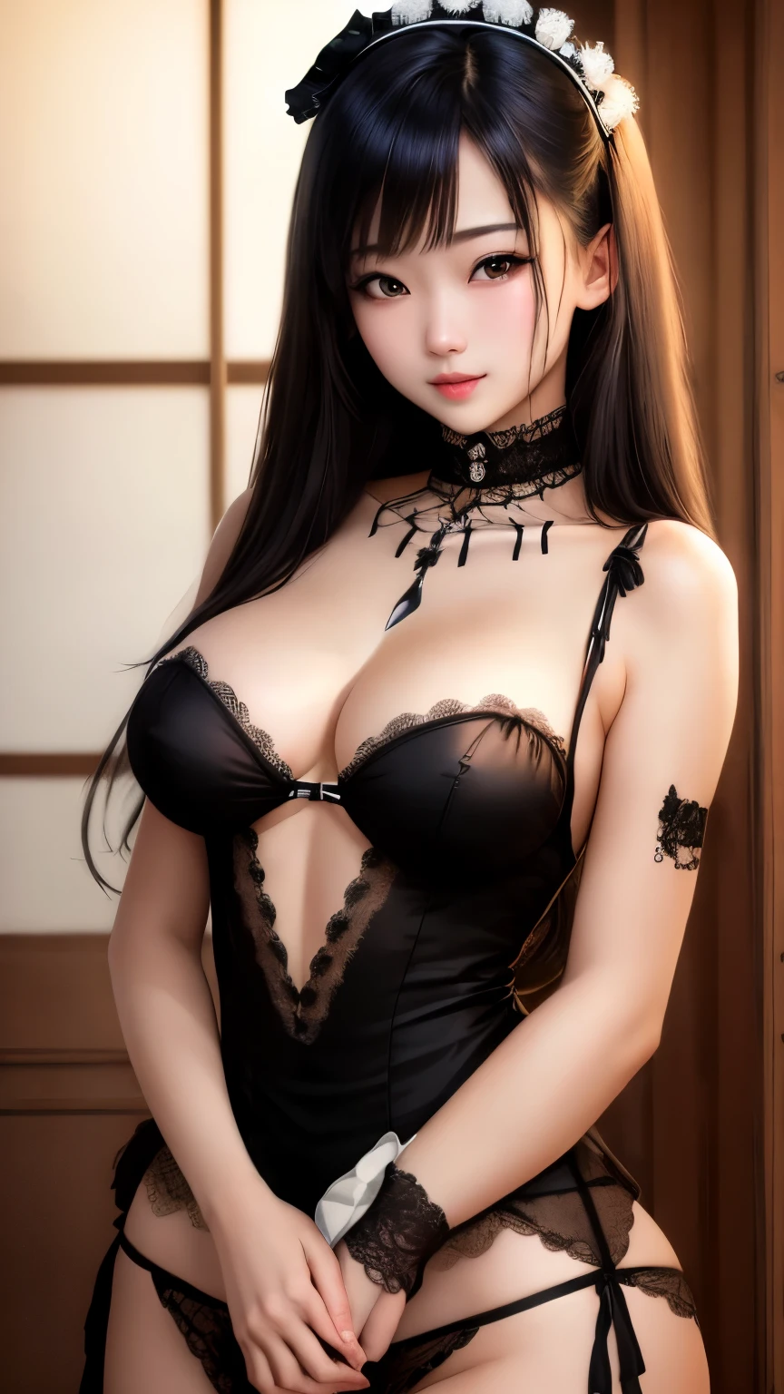 NSFW、最high quality、high quality、best image quality、8K、最High resolution、High resolution、最high quality、masterpiece、RAW photo、whole photo、realistic atmosphere、(detailed face)、(fine hands、thumb1reference4)、(beauty of japan )、very nice face、beautiful face、((beautiful japanese girl))、(japanese woman), ((18 year old beautiful girl))、(glossy black hair)、(long straight hair)、whole body、(beautiful breasts)、slim style、(shiny skin)、(Fair skin)、realistic human skin、realistic human body structure、perfect body, perfect face, perfect hands, perfect fingers, perfect lips, perfect eyes,perfect teeth、perfect backg round, beautiful skin,looking at camera、natural soft light、The shape of the nipple is clearly visible、The shape of the genitals is clearly visible、medieval europe、Inside a historic castle、((sheer skeleton(French Maid Clothing))