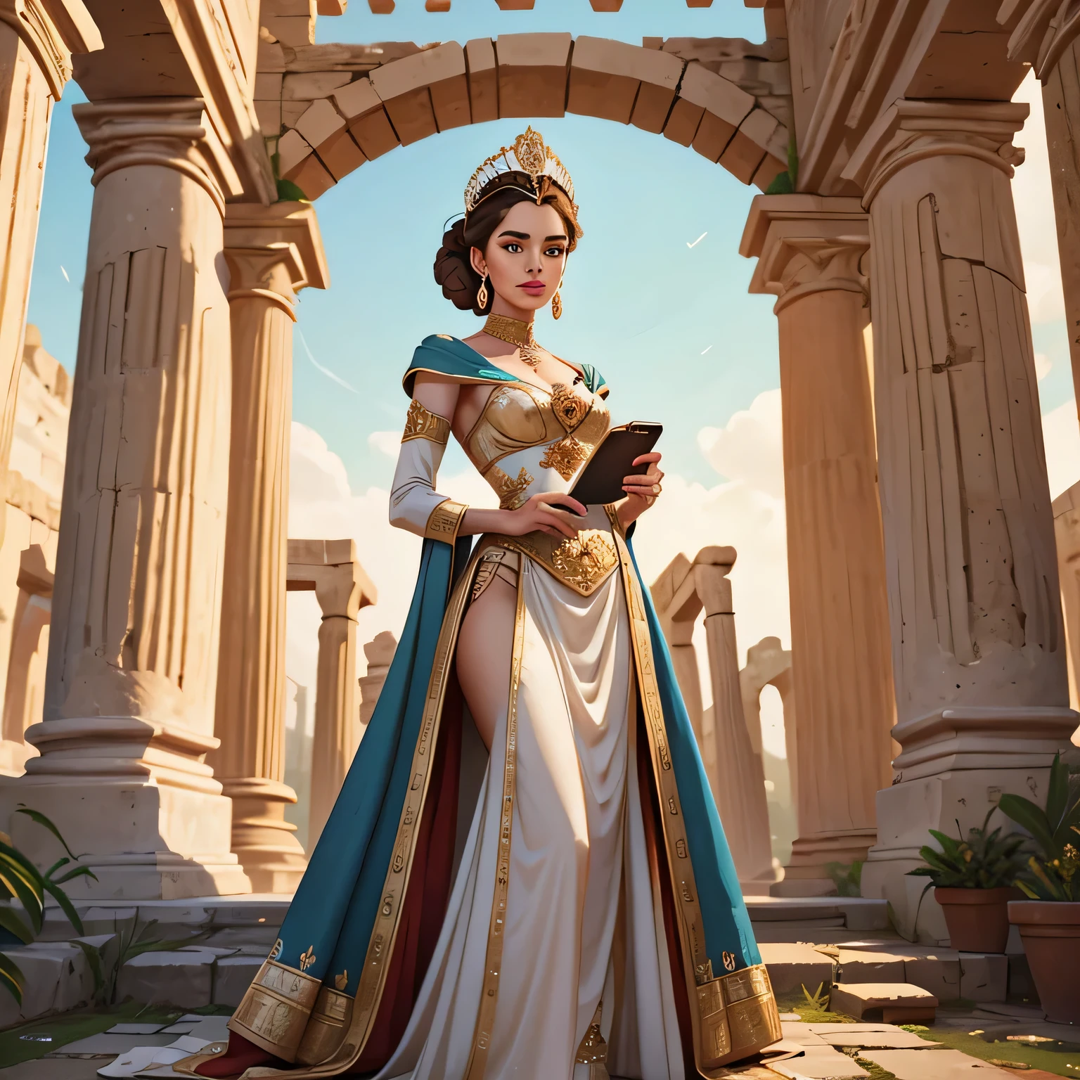 Depict a regal queen in full height, adorned in an elegant attire, holding an iPhone in her hand. Set the scene with the backdrop of ancient Roman ruins
