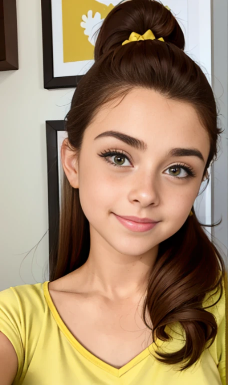 Photo of a 14 year-old american girl, .RAW, beautiful teenage girl, (Long brown hair with ponytail), light brown hair ponytail hairstyle((retrato)), ((Cara detallada:1.2)), ((Detailed facial features)), (Piel finamente detallada)  , (Masutepiece) (proporciones perfectaotos realistas)(La mejor calidad) (Detallado) fotografiado con una EOS R5 de Canon, Lente de 50 mm, f/2.8, NffSW, (8k) (papel tapiz) (cinematic lighting) (Dramatic lighting) (sharp focus) (Enrevesado) senos medianos , pechos medianos , muchas pecas en mejillas y nariz , pecas en pecho, cuerpo completo , hermoso cuerpo de adolesente,  lindo maquillaje , gran sonrisa  , chica delgada escultural , ojos azules , usa camisa blanca de manga corta , flor rosa en la camisa , flada amarilla con imagenes de cuadros , mocacines cafes , calcetas blancas , Luan Loud