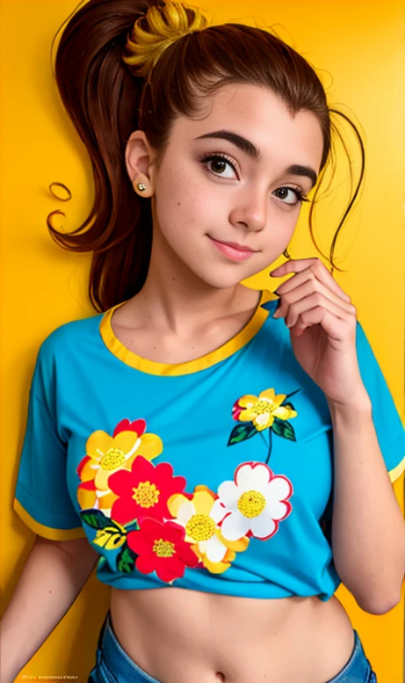 Photo of a -old amean girl, .RAW, beautiful teenage girl, (Long brown hair with ponytail), light brown hair ponytail hairstyle((retrato)), ((Cara detallada:1.2)), ((Detailed facial features)), (Piel finamente detallada)  , (Masutepiece) (proporciones perfectaotos realistas)(La mejor calidad) (Detallado) fotografiado con una EOS R5 de Canon, Lente de 50 mm, f/2.8, NffSW, (8k) (papel tapiz) (cinematic lighting) (Dramatic lighting) (foco nítido) (Enrevesado) senos medianos , pechos medianos , muchas pecas en mejillas y nariz , pecas en pecho, cuerpo completo , hermoso cuerpo de adolesente,  lindo maquillaje , gran sonrisa  , chica delgada escultural , ojos azules , usa camisa blanca de manga corta , flor rosa en la camisa , flada amarilla con imagenes de cuadros , mocacines cafes , calcetas blancas , Luan Loud