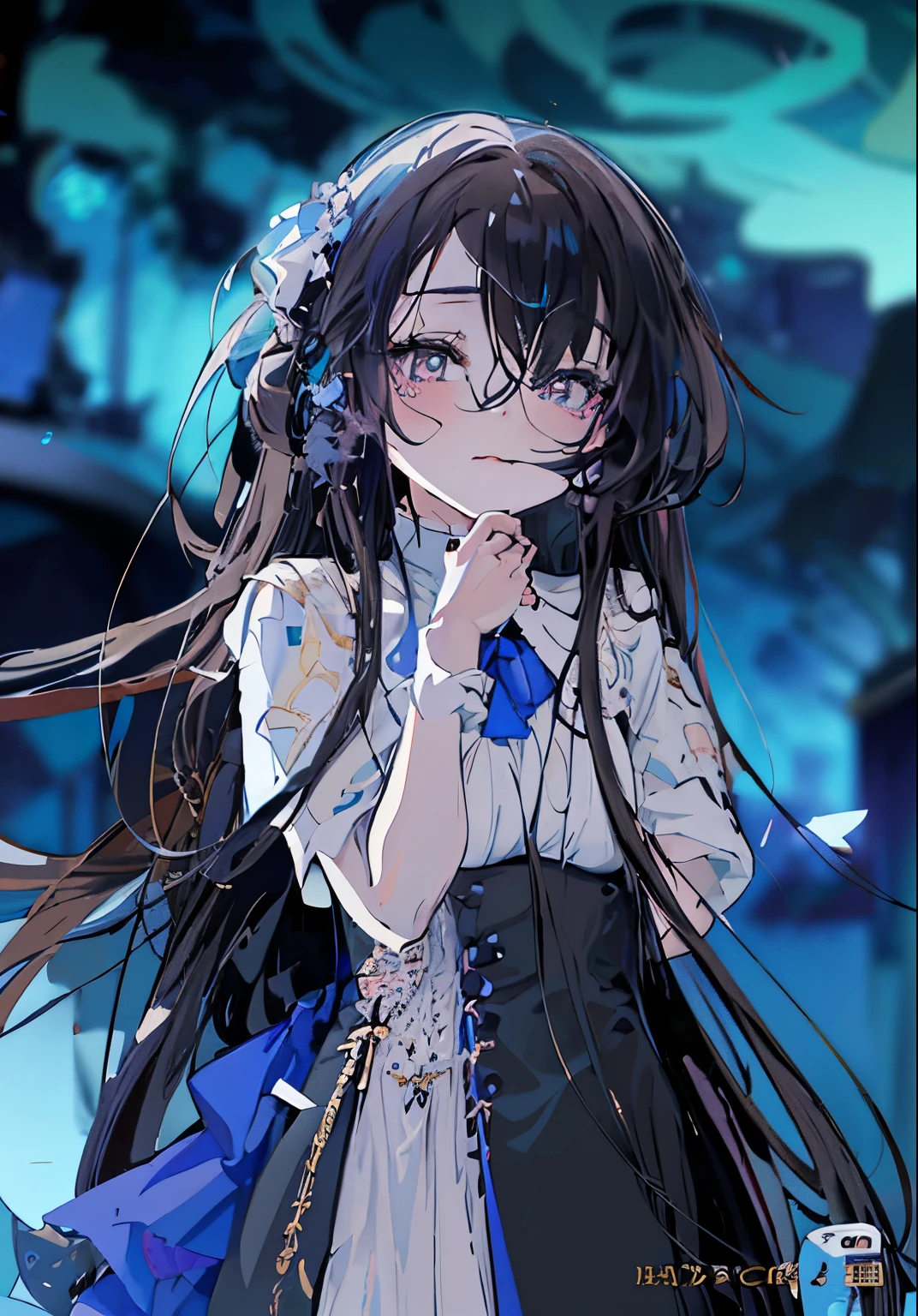 anime girl with long black hair and blue eyes in a white dress, gothic maiden anime girl, anime girl with long hair, night nucleus, Anime cute art style, Anime visual of a cute girl, anime wallpaper, Tired and troubled expression,  anime goth girl, demon anime girl, (anime girl), hd anime wallpaper, young anime girl