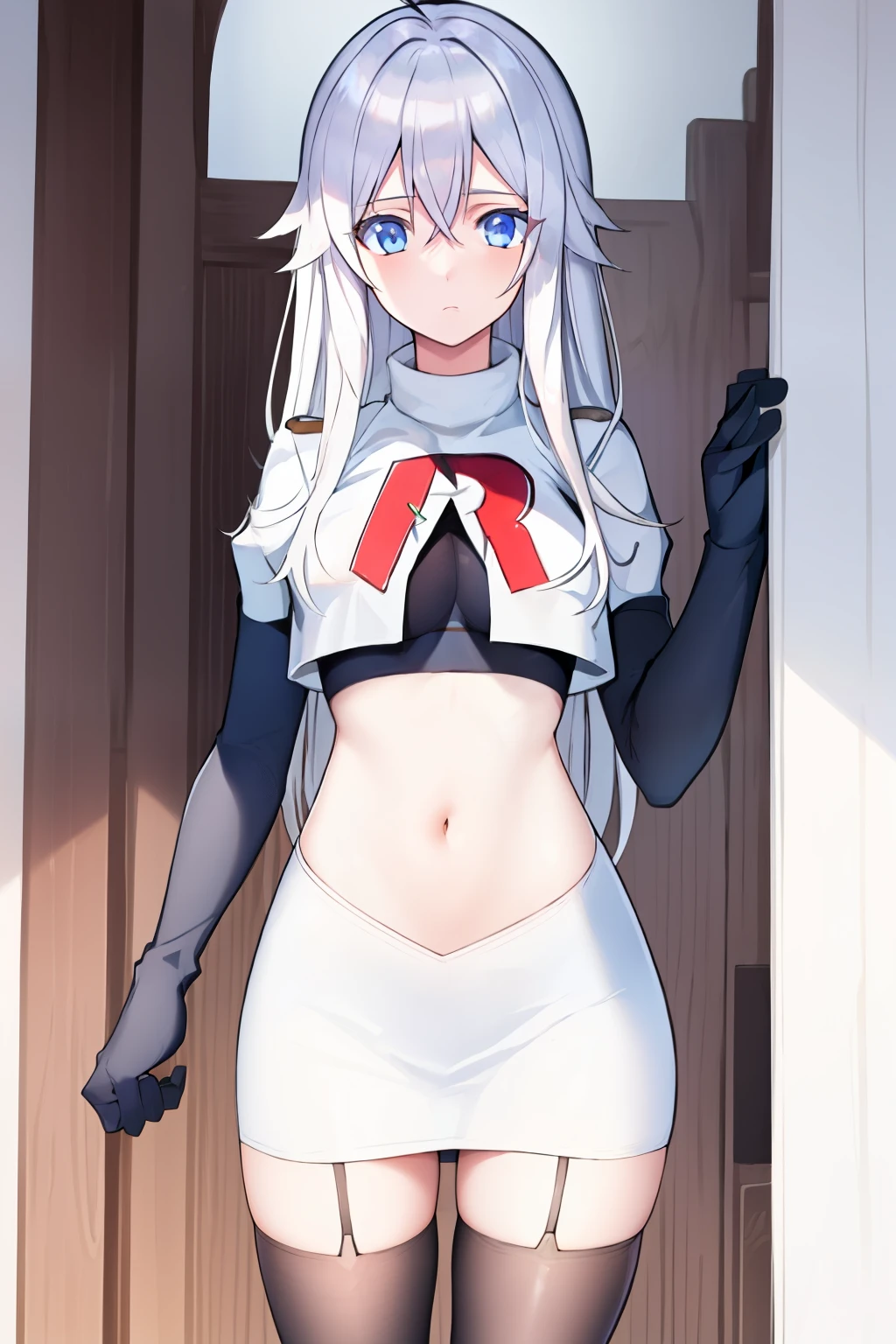 (masterpiece, best quality:1.2), 
1girl,Vladilena,lenaface, blue eyes, breasts, looking at viewer, white hair,medium breasts, antenna hair, hair between eyes,  looking at viewer, ahoge, expressionless, bangs, white hair,
team rocket,team rocket uniform, red letter R, white skirt,white crop top,black thigh-highs,black elbow gloves
