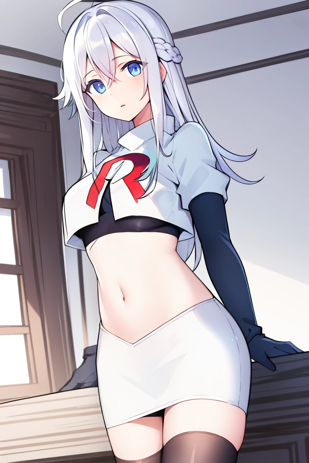 (masterpiece, best quality:1.2), 
1girl,Vladilena,lenaface, blue eyes, breasts, looking at viewer, white hair,medium breasts, antenna hair, hair between eyes,  looking at viewer, ahoge, expressionless, bangs, white hair,
team rocket,team rocket uniform, red letter R, white skirt,white crop top,black thigh-highs,black elbow gloves
