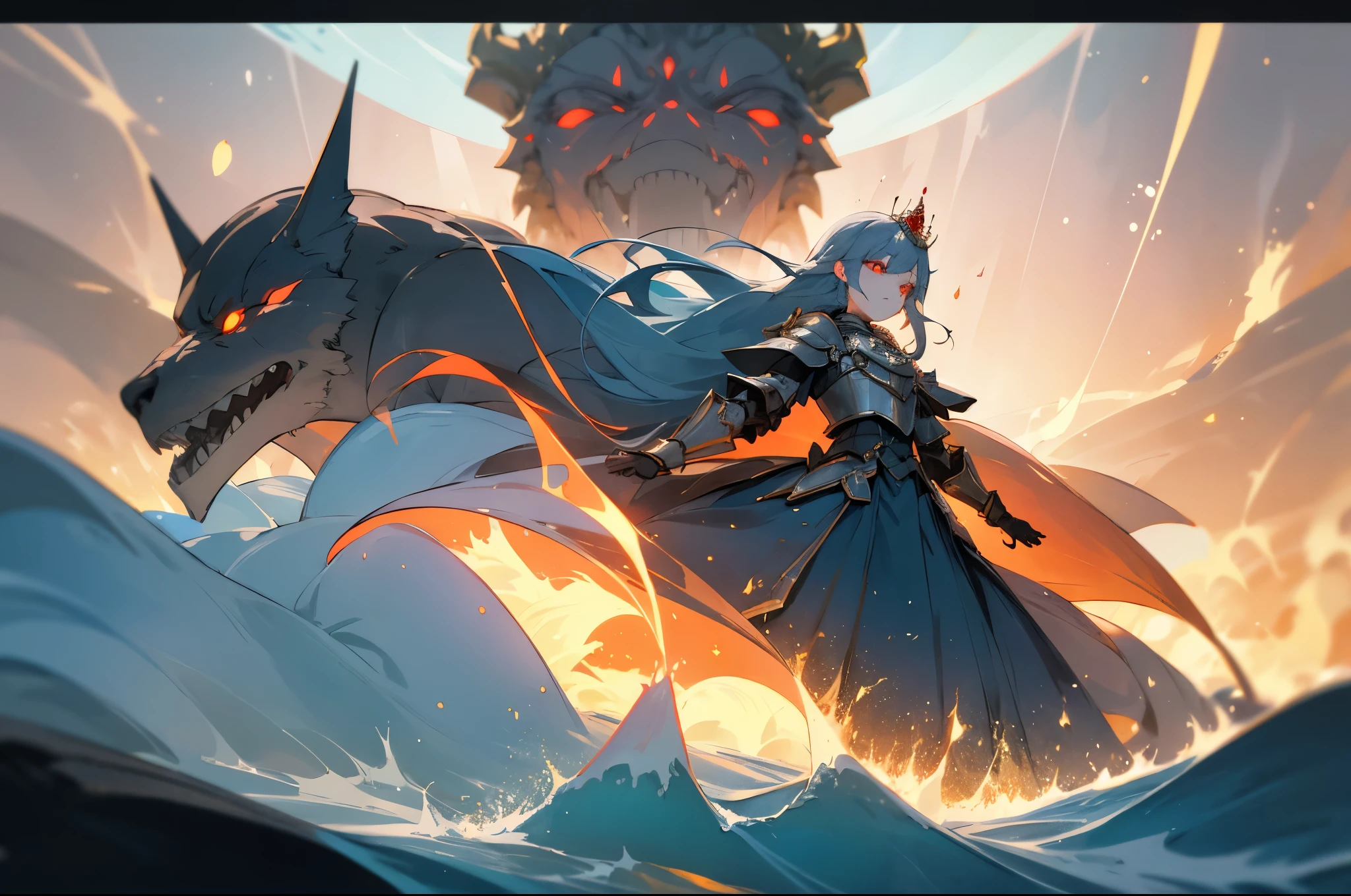 girl,Golden crown,Long gray-blue hair,Princess,raging fire,Song of the Sea,ocean tide,red eyes,glowing eyes,glowing eyes,glowing eyes,sense of the future,long skirt,Sci-fi style,Tyndall effect,movie poster,epic,Poseidon,golden armor