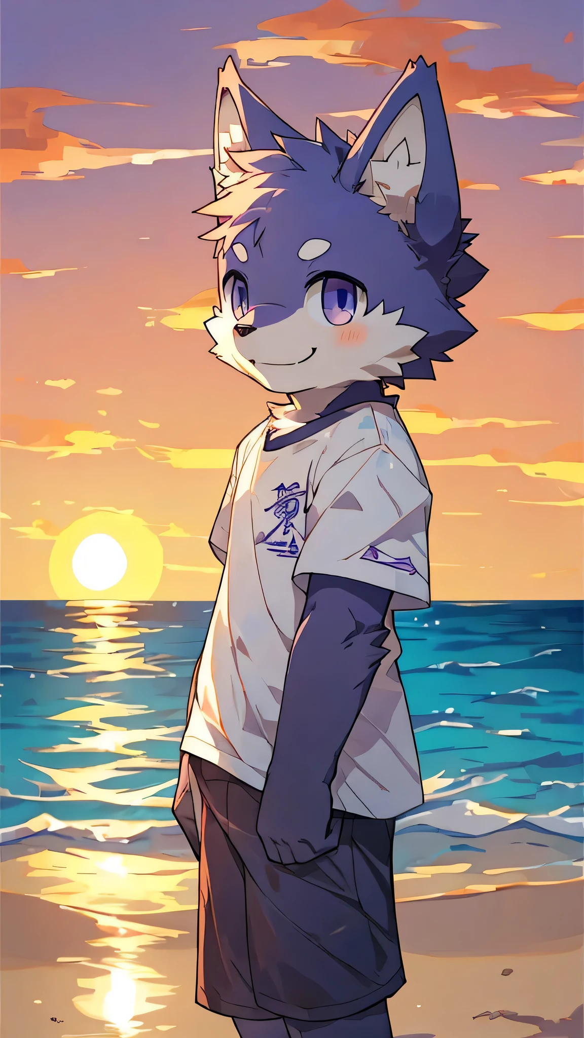 furry,fur,body fur,alone,male,(Smile),((ocean,Sunset)),short sleeves,Character focus, fur, purple,rest,It's okay,purple眼睛,Lovely,purple眼睛!!!,standing at the beach