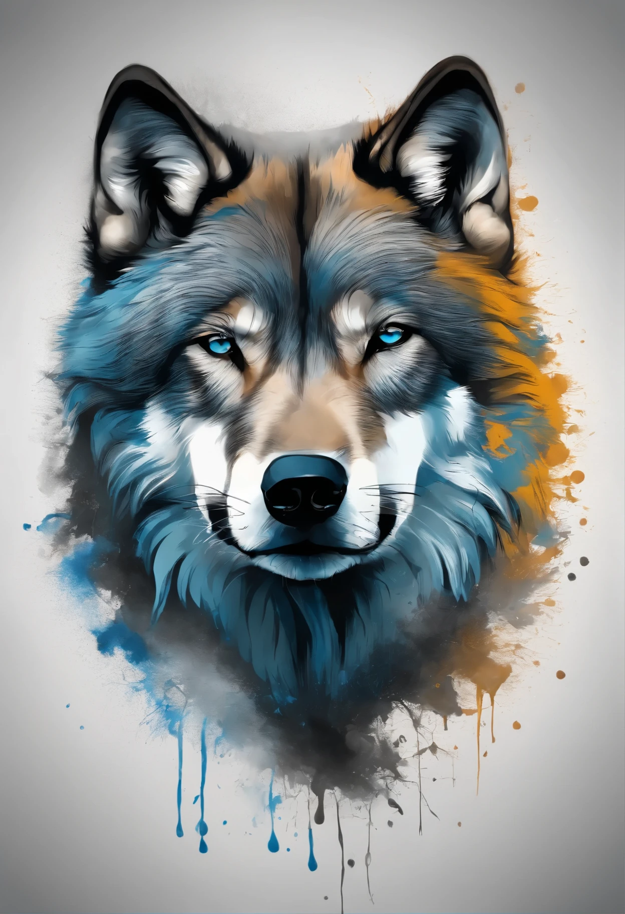 Arte realista da tatuagem do lobo preto e cinza (((olhos azuis))) with paint splatter sketch effect ,Ele abriu a boca e disse,、Parece muito ferozmente irritado