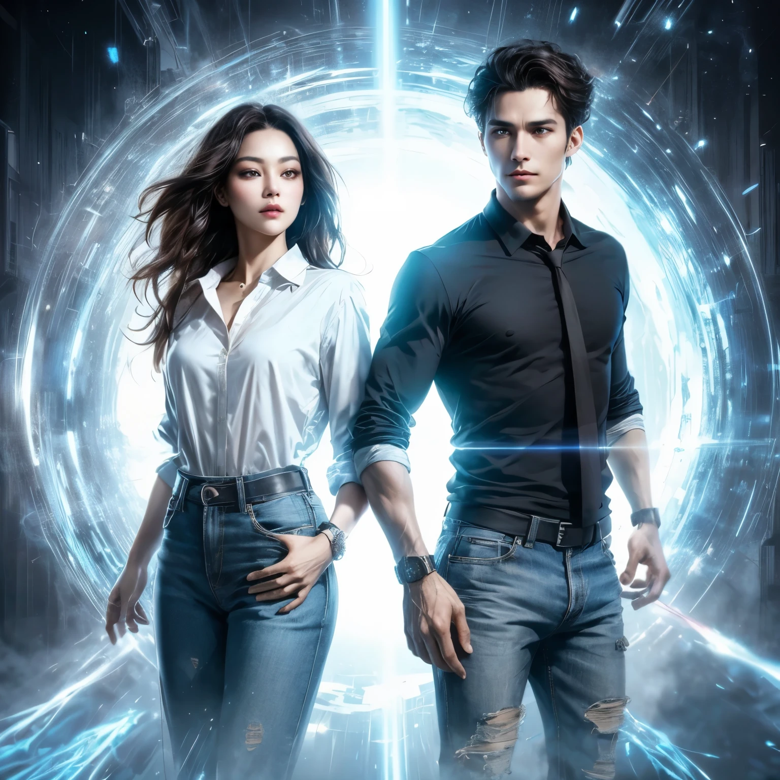 A portal of light appears behind the two beautiful men and women that allows them to teleport instantly.。Men have short black hair。woman has dark brown hair。Mid-twenties。Time is night。masterpiece。
