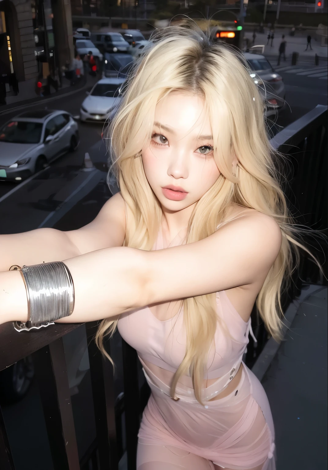 Blonde woman with long hair and bracelet on the railing of a balcony., parque roseanne de blackpink, con pelo largo y rubio, ava max, con el pelo largo y blanco, pelo largo y rubio y ojos grandes, pale and light skin!!, ulzzang, con pelo largo y blanco, ella tiene cabello rubio, Jinyoung Shin, imagen filtrada, muchacha coreana, pelo largo y rubio y ojos grandes, blackpink jennie, jennie, blackpink jennie