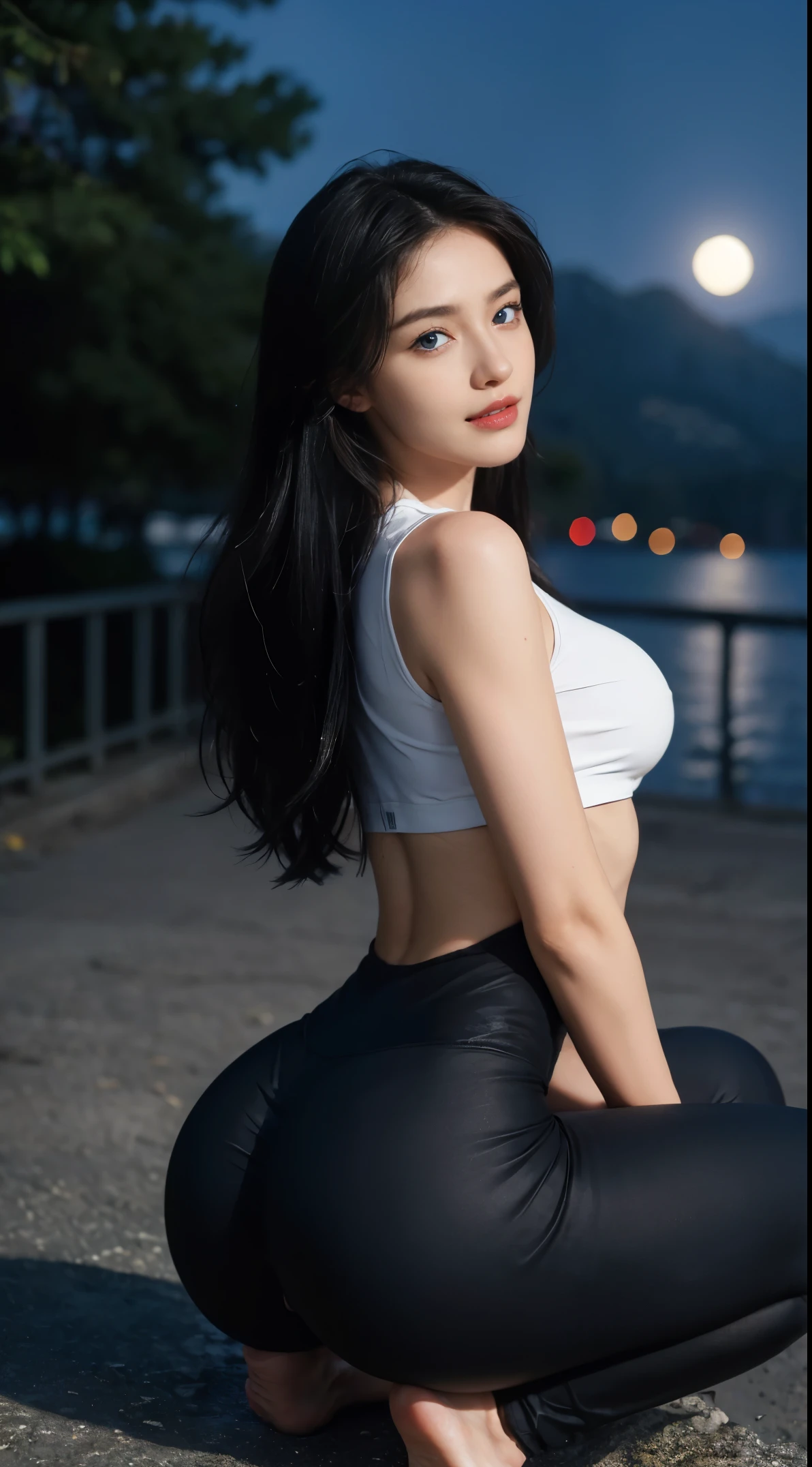 8K, Top Quality, Intricate Details, Ultra Detail, Ultra High Resolution, Masterpiece, random angle, Slender, Smile, (Makeup: 0.4), (Fluffy Blue Eyes: 1.21), blue Eyes, looking at viewer, ((full body)), 1girl, solo, 1 girl, (( full body)), close up shot, , ((tall)), (((fit body))), (((slim face))), sharp face, sharp eyes, (((black hair, long hair, )) (detailed face), sharp face, small lips, ((Leggings)), detailed face, detailed breast, , large breast, detail ass, , Beautiful girl with accentuated slender abs: 1.4, Six Pack Abs: 1.4, Bust Botox, Big, Perfect Body, detail leg, (( moonlight)), top of mountain, (((nfsw)))