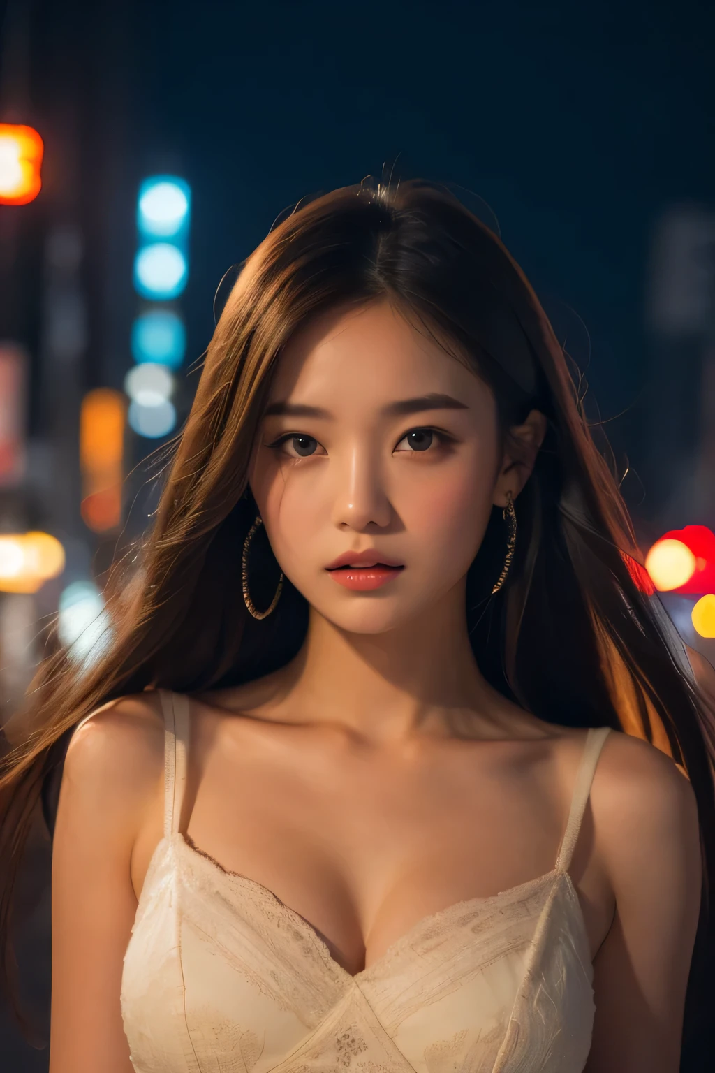 Night in Shibuya: Create ultra-realistic images of Eri from Morning Musume, Wearing a Halloween costume, Surrounded by the bustling cityscape of Shibuya at night. Highlights tips of her big bust and cleavage. Her teeth shine white against the glow of the city. The image is、It is necessary to blend the vibrancy of Shibuya with the enchanting beauty of Eri. Moderate: photograph, style: Ultra HD Urban Realism, lit: Neon city lights with soft reflections, color: 絵里の衣装のコントラストが効いた鮮やかな都会color, composition: Canon EOS 5D Mark IV DSLR Camera, EF 50mm f/1.8 STM lens, Resolution 16k, ISO sensit: 200, shutter speed 1/60 seconds, Dynamic range to capture the lights and shadows of the city, Elipin has a sharp focus.