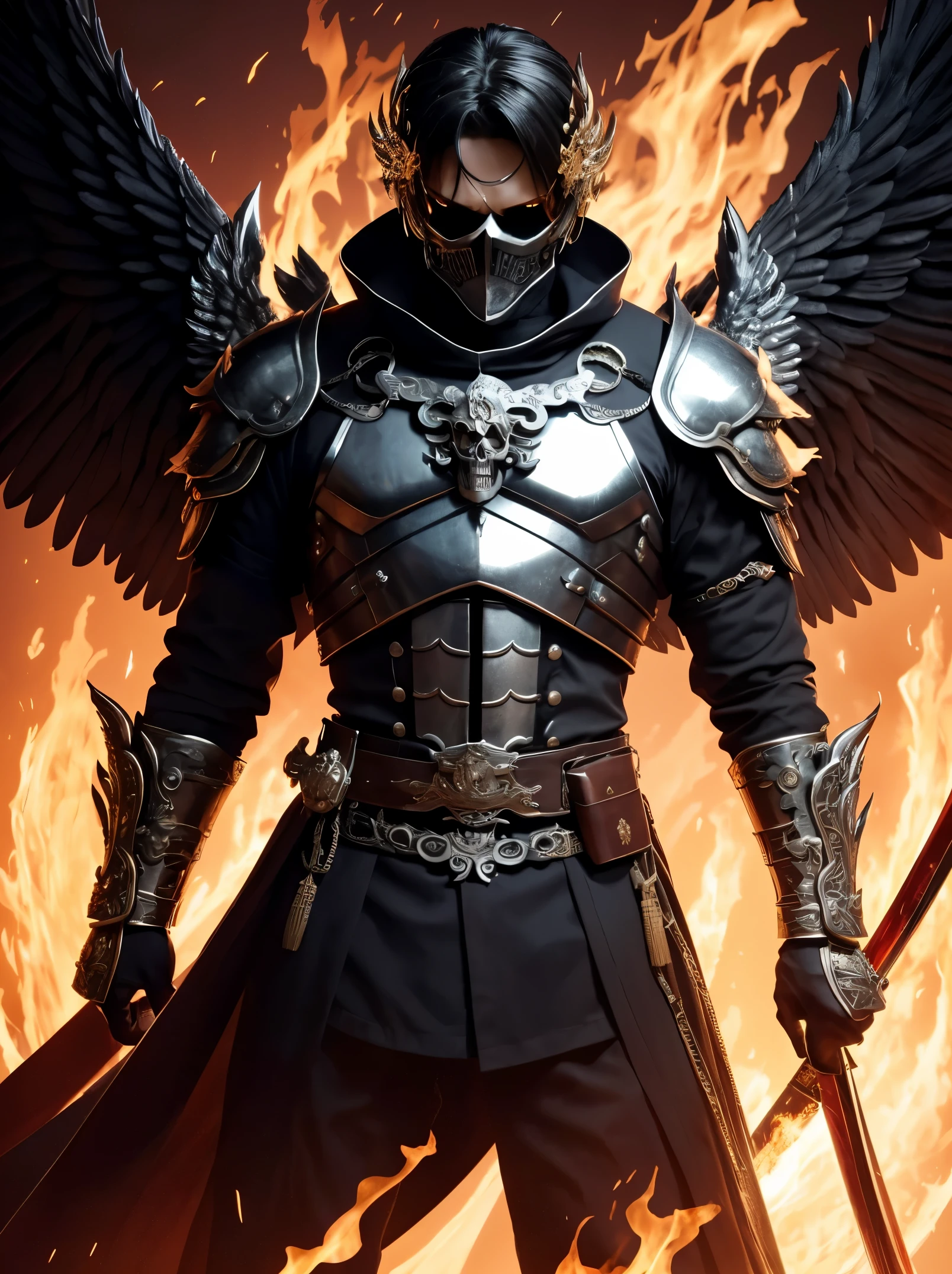 中央揃え Skull face angel huge white wings body covered with fire Flaming sword gripped his hand ornate chrome pauldrons ornate chrome gauntlets ornate chrome chest armor Dynamic action pose standing on a mountain overlooking a valley, 最高品質, 複雑な, 8K, 非常に詳細な, 現実的な, photo現実的な. 中央揃え. 一人で.