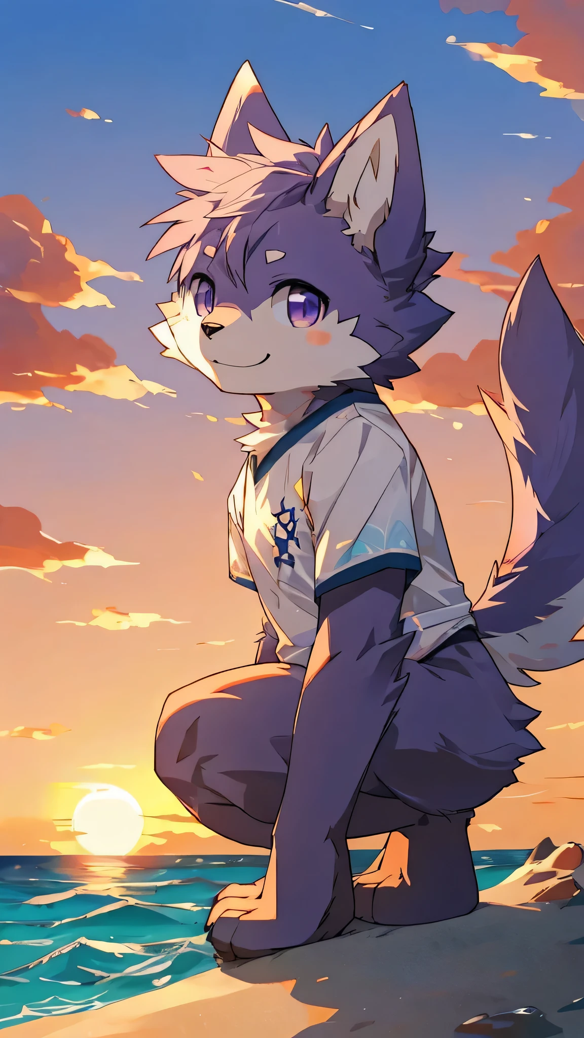 furry,fur,body fur,alone,male,(Smile),((ocean,Sunset)),short sleeves,Character focus, fur, purple,rest,It's okay,purple眼睛,charming,purple眼睛!!!,Squat on the beach