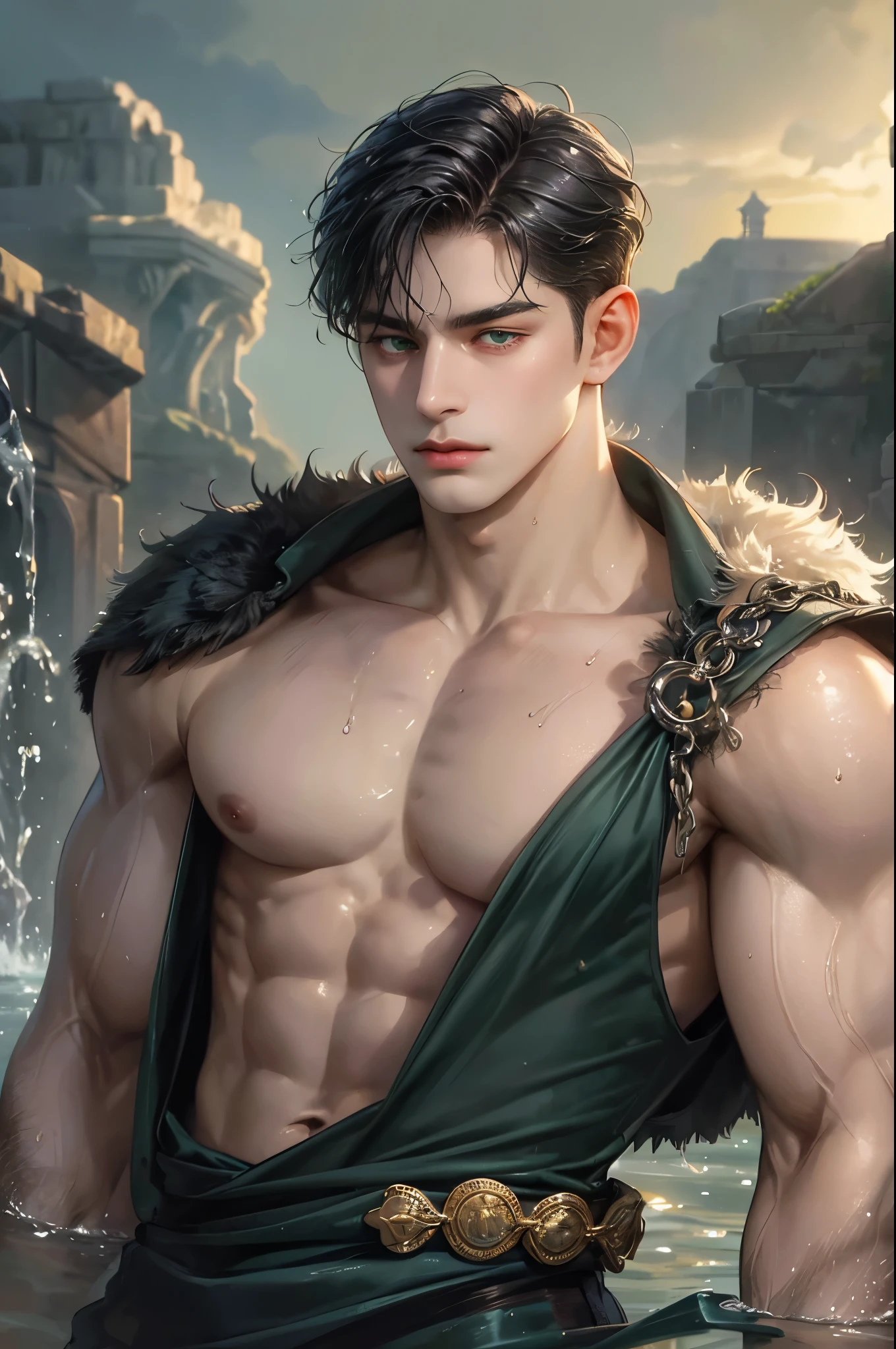 masterpiece, best quality, realistic 8K, one mature male, 36 years old, extremely detailed face, ((dark green eyes)), ((short black quiff hair with bang parts 3:7 ratio)), (( wet hair)), muscular abs ((half naked)), Extremely delicate and stern face ((cold look)), ((sharp eyes)), cinematic lighting, modern era, (whole portrait), beach background. Muscular, big body, strong, (masterpiece,bestquality,ultra_Detailed,highres,Absurd),1 male, 30-ish, (Wide shoulders), (muscular), male focus, bara, chains, Upper body, vest, looking at the audience,