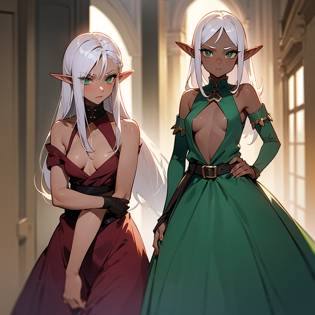 (((I want an elf woman, body with small breasts and thin waist, white hair and green eyes, dark skin, wearing a pretty dress, pouting, being alone in a hallway)))