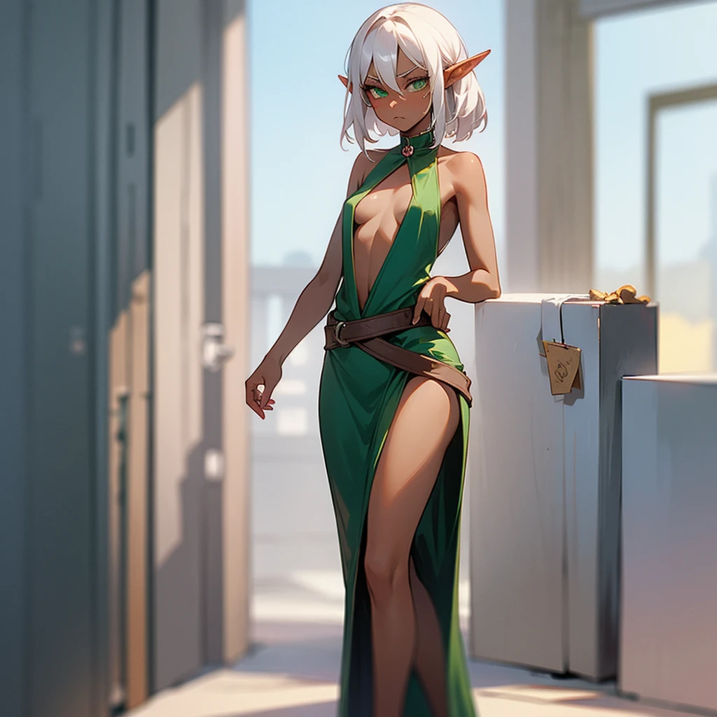 (((I want an elf woman, body with small breasts and thin waist, white hair and green eyes, dark skin, wearing a pretty dress, pouting, being alone in a hallway)))