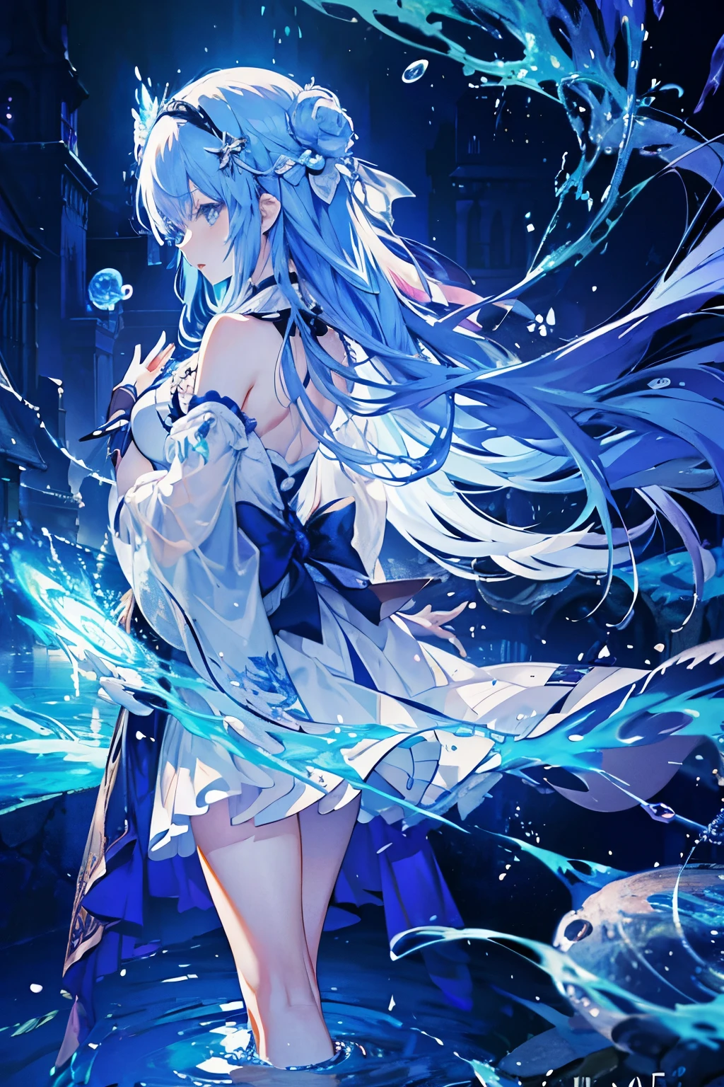 anime girl walking on water, beautiful fantasy anime, high detailed official artwork, azure sliver haired deity, shadowverse style, anime goddess, nightcore, detailed key anime art, official artwork, masterpiece goddess of water, anime fantasy illustration, detailed digital anime art, epic light novel art cover, from the arknights videogame, anime fantasy artwork, serene background, water ripples when walking, delicate yet beautiful dress, feet touched the surface on the water only