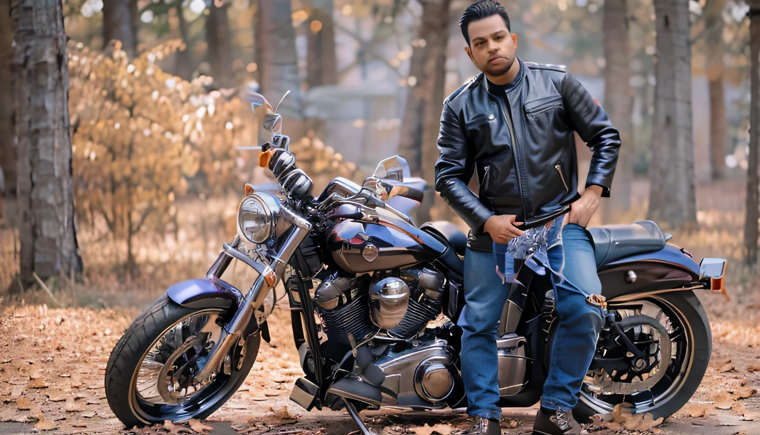 a beautiful malay 32 years old in bikers outfit standing in front of a harley davidson bike, serious face, 35mm lense, Deep Focus cinematography effect, Natural Lighting, cool-toned color grading, high quality, ultra detail, 8k resolution