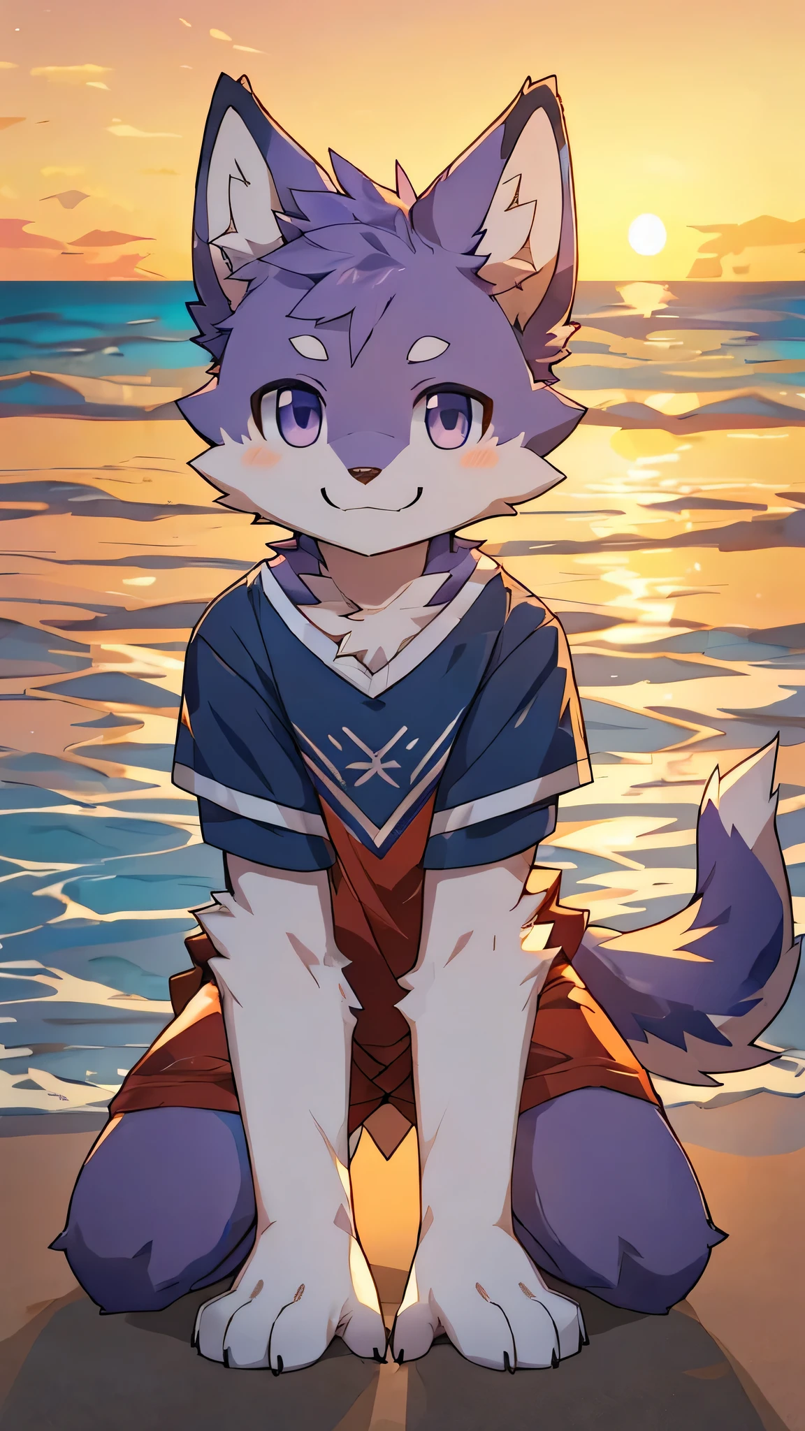 furry,fur,body fur,alone,male,(Smile),((ocean,Sunset)),short sleeves,Character focus, fur, purple,rest,It's okay，purple眼睛，Lovely，purple眼睛！！！，knelt on the beach