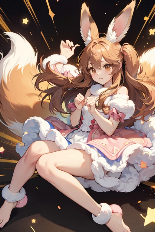 transform eevee from pokemon in human goddess wear fox like brown fur. It has a fluffy, cream-colored ruff around its neck and a brown, bushy fox-like tail with a cream-colored tip. she has round, brown eyes, long rabbit-like ears, and pink paw pads on its feet. Its paws are small with three toes and no visible claws. A shiny Eevee has silver fur instead of brown, and its ruff and tail-tip are white instead of cream.