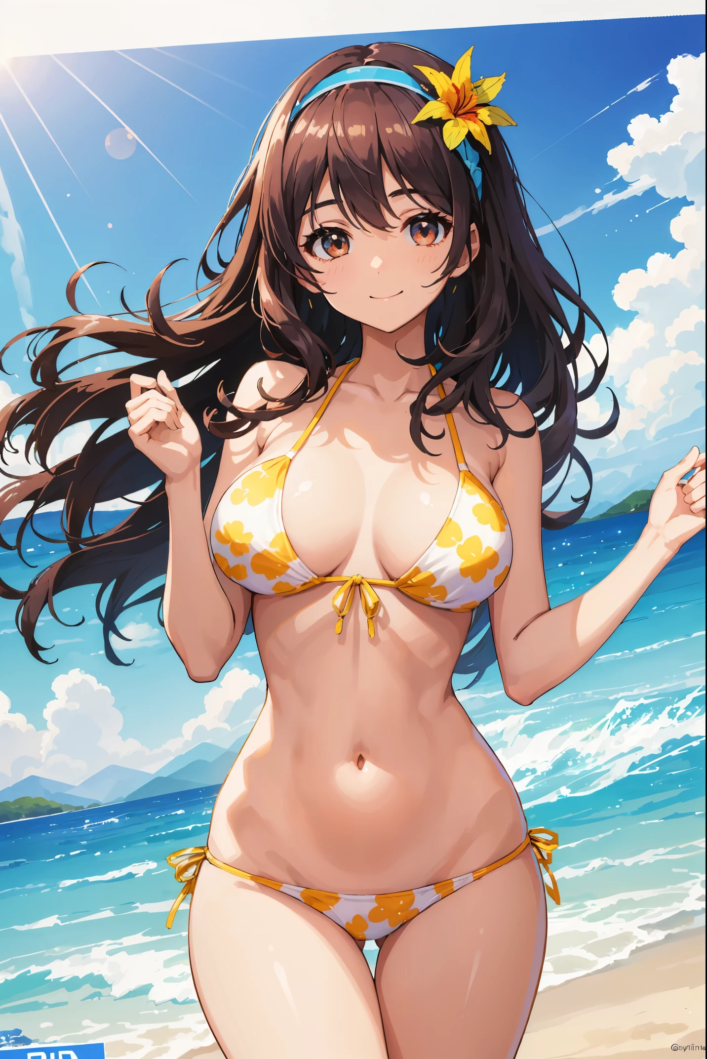 beautiful young woman，Have a perfect body and beautiful big eyes, Perfect slim and thick figure, Short and wavy hair, Headband, Delicate printed micro bikini, playing at the beach, tropical island, happy, Smile gently, Open, is a perfect face, mute, Atmospheric, clean lines, complex, Super detailed, actual, 8k