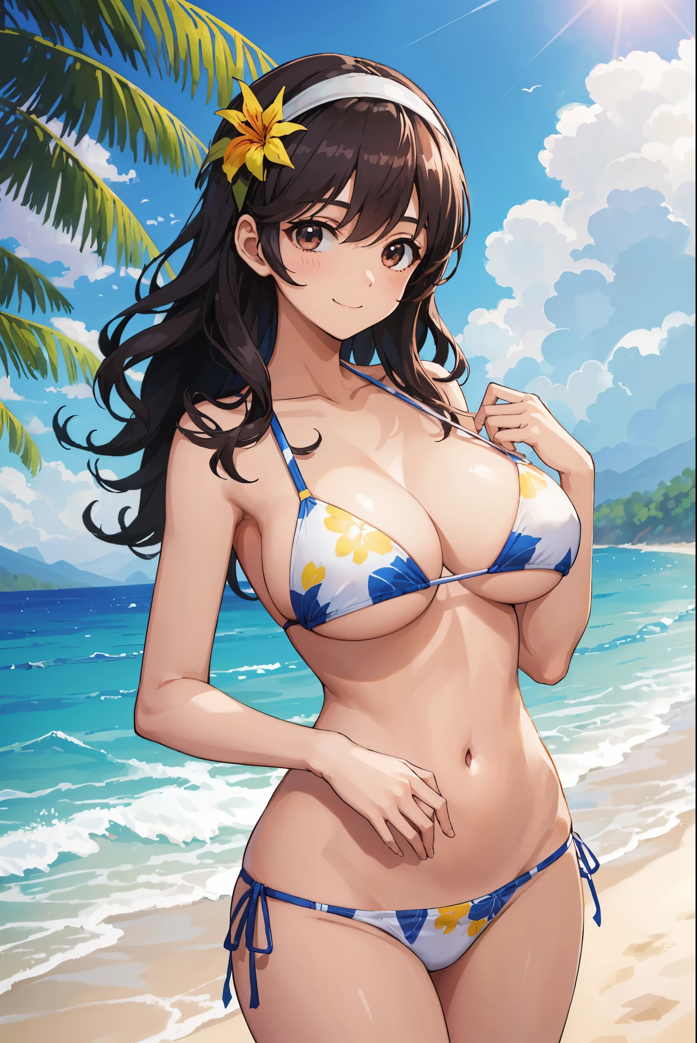 beautiful young woman，Have a perfect body and beautiful big eyes, Perfect slim and thick figure, Short and wavy hair, Headband, Delicate printed micro bikini, playing at the beach, tropical island, happy, Smile gently, Open, is a perfect face, mute, Atmospheric, clean lines, complex, Super detailed, actual, 8k