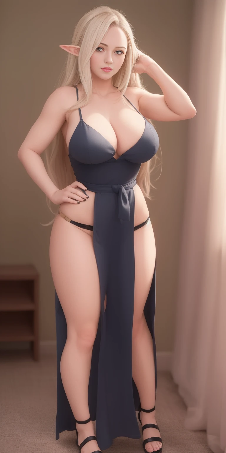 (((1 girl))), big breasts, a beautiful and cute lady, standing, (((in the motel room))), (muscular ass), (thin waist), (very horny), full body photo, young girl, long gray hair, elf ears, Green eyes, smirk, tattoo, purple dress, Gold Elements, Sexy, Sleeveless, open breasts, nipples, open belly, feet shoulder-width apart, hands behind head, Masterpiece, hiquality, 4k, HD, Good detail
