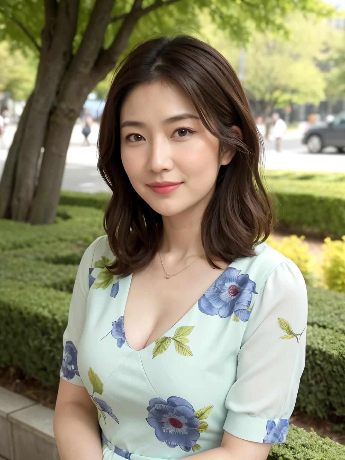 best qualtiy, in 8K, masuter piece, 逼真, Sharp Focus, high quarity, hight resolution, A detailed face, A detailed eye, Thick lip, (Look at viewers), 独奏, Beautuful Women, 28 year old, plumw, Beautifully trimmed hair, cleavage of the ??????, brightly colored patterned dress, Afternoon in front of the park garden,