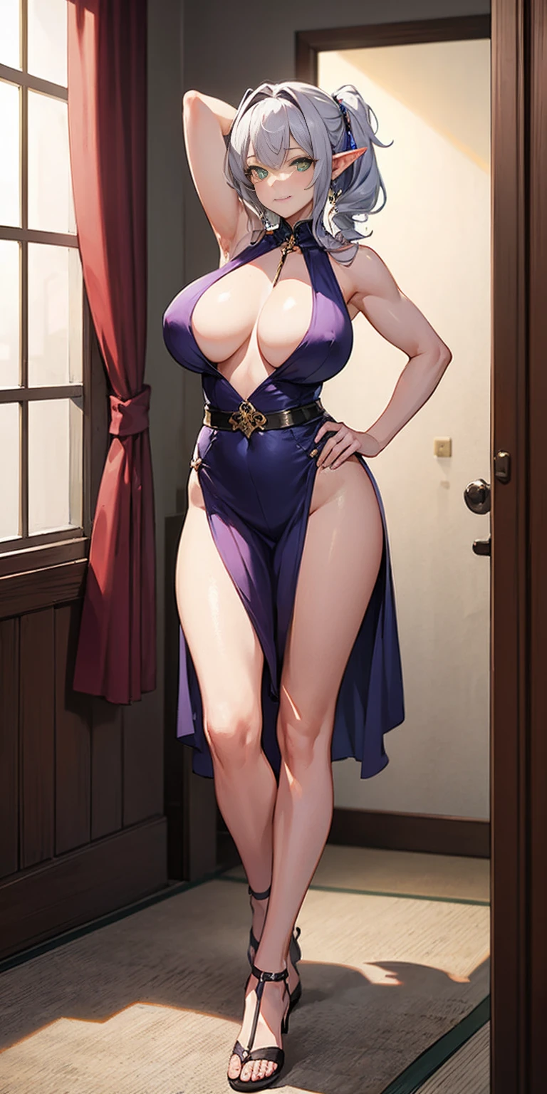 (((1 girl))), big breasts, a beautiful and cute lady, standing, (((in the motel room))), (muscular ass), (thin waist), (very horny), full body photo,
young girl, long gray hair, elf ears, Green eyes, smirk, tattoo, purple dress, Gold Elements, Sexy, Sleeveless, open breasts, nipples, open belly, feet shoulder-width apart, hands behind head, Masterpiece, hiquality, 4k, HD, Good detail