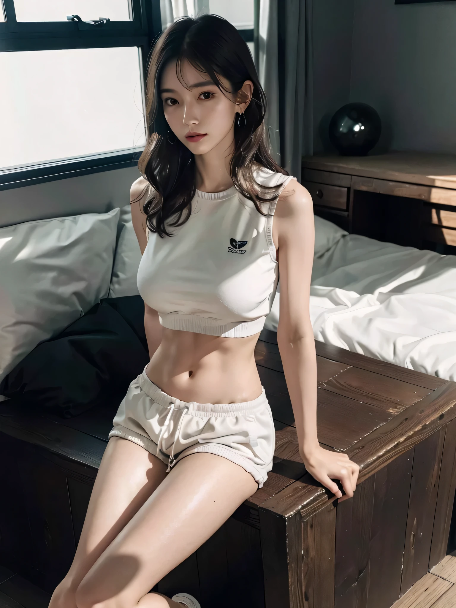 disorganized, RAW photo, very delicate and beautiful, masterpiece, highest quality, ultra high resolution, 16k, surreal, super detailed, perfect anatomy, super dense skin, perfect figure, Highly detailed CG 8k wallpaper, 20's, very slim body, (tight waist:1.1), very small head, very small face, delicate features, tearful mole, mole on chest, earrings, thin legs, (very huge round breasts:1.2), (full body shot:1.2), short middle hair, wavy hair, (tracksuit:1.3), (No sleeve:1.2), abdomen, (barefoot:1.2),