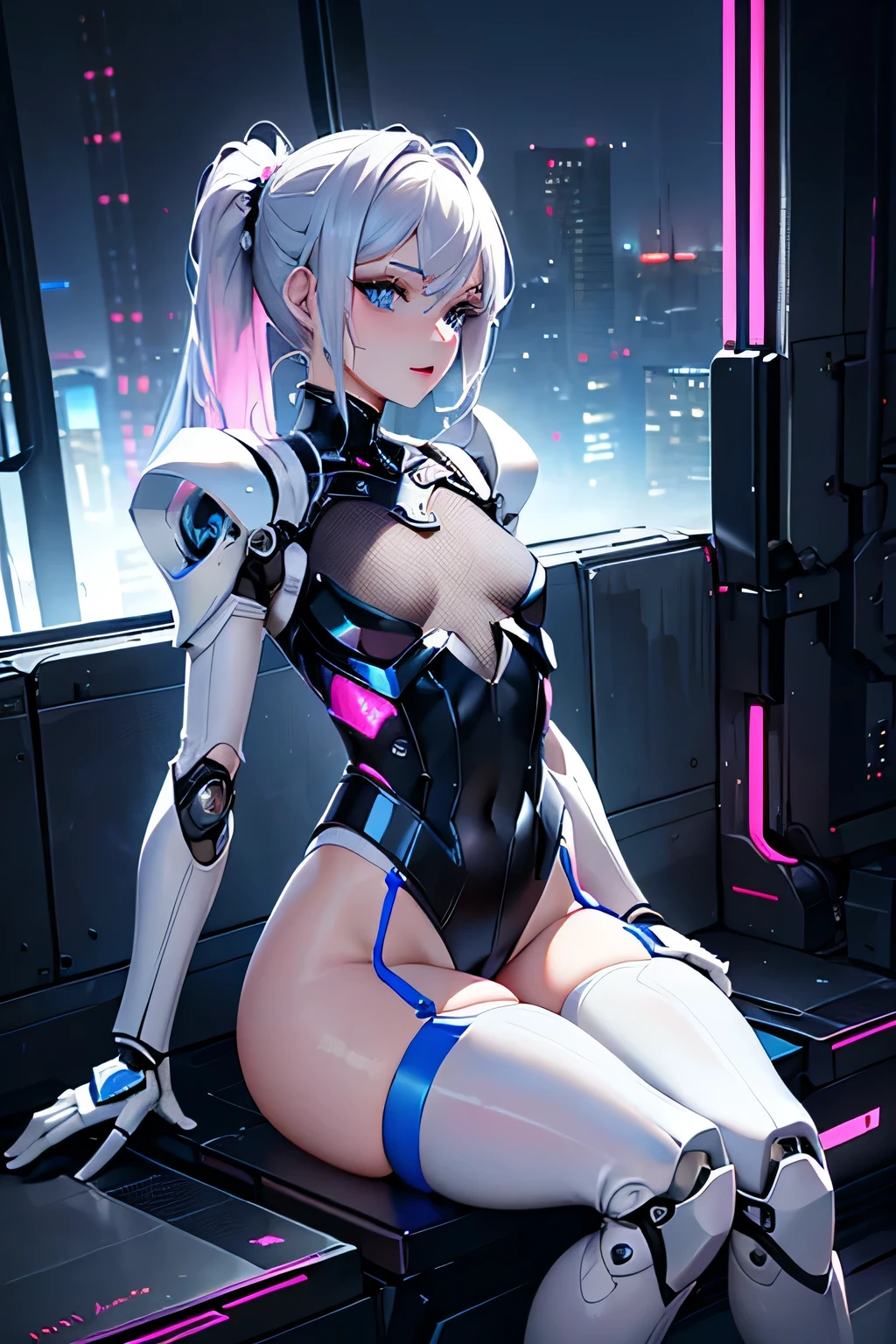 highest quality, masterpiece, small details, very delicate 8k wallpaper, Beautiful Mechanical Girl, (White ponytail), (blue eyes), long eyelashes, compensate, pink lips, Mechanical joints of five fingers, mechanical hand, Mechanical legs: 1.1), (Exoskeleton leotard), garter belt, (exposed lower chest, exposed thighs: 1.2), (mechanical harrow), cyberpunk city, sitting