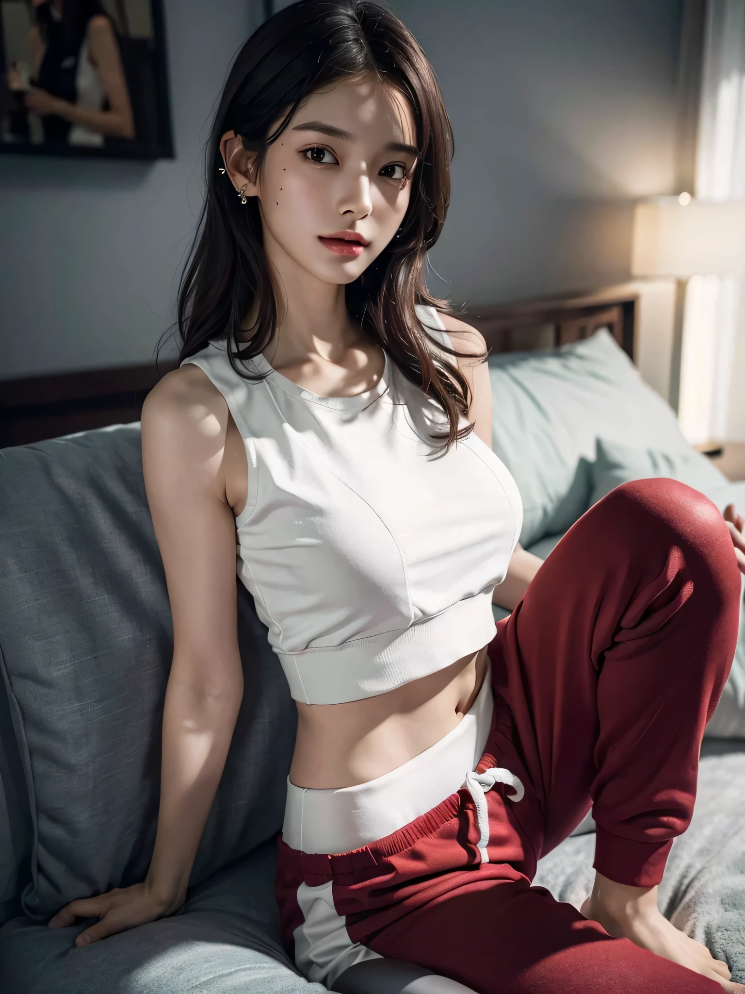 disorganized, RAW photo, very delicate and beautiful, masterpiece, highest quality, ultra high resolution, 16k, surreal, super detailed, perfect anatomy, super dense skin, perfect figure, Highly detailed CG 8k wallpaper, 20&#39;s, very slim body, (tight waist:1.1), very small head, very small face, delicate features, tearful mole, mole on chest, earrings, thin legs, (very huge round breasts:1.2), (full body shot:1.2), short middle hair, wavy hair, (tracksuit:1.3), (No sleeve:1.2), abdomen, (barefoot:1.2), (seductive pose:1.3),