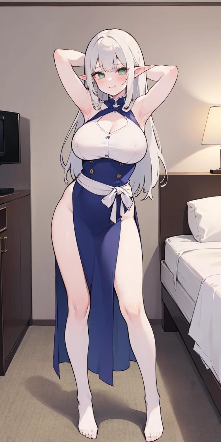 (((1 girl))), big breasts, a beautiful and cute lady, standing, (((in the motel room))), (muscular ass), (thin waist), (very horny), full body photo,
young girl, long gray hair, elf ears, Green eyes, smirk, tattoo, purple dress, Gold Elements, Sexy, Sleeveless, open breasts, nipples, open belly, feet shoulder-width apart, hands behind head, Masterpiece, hiquality, 4k, HD, Good detail