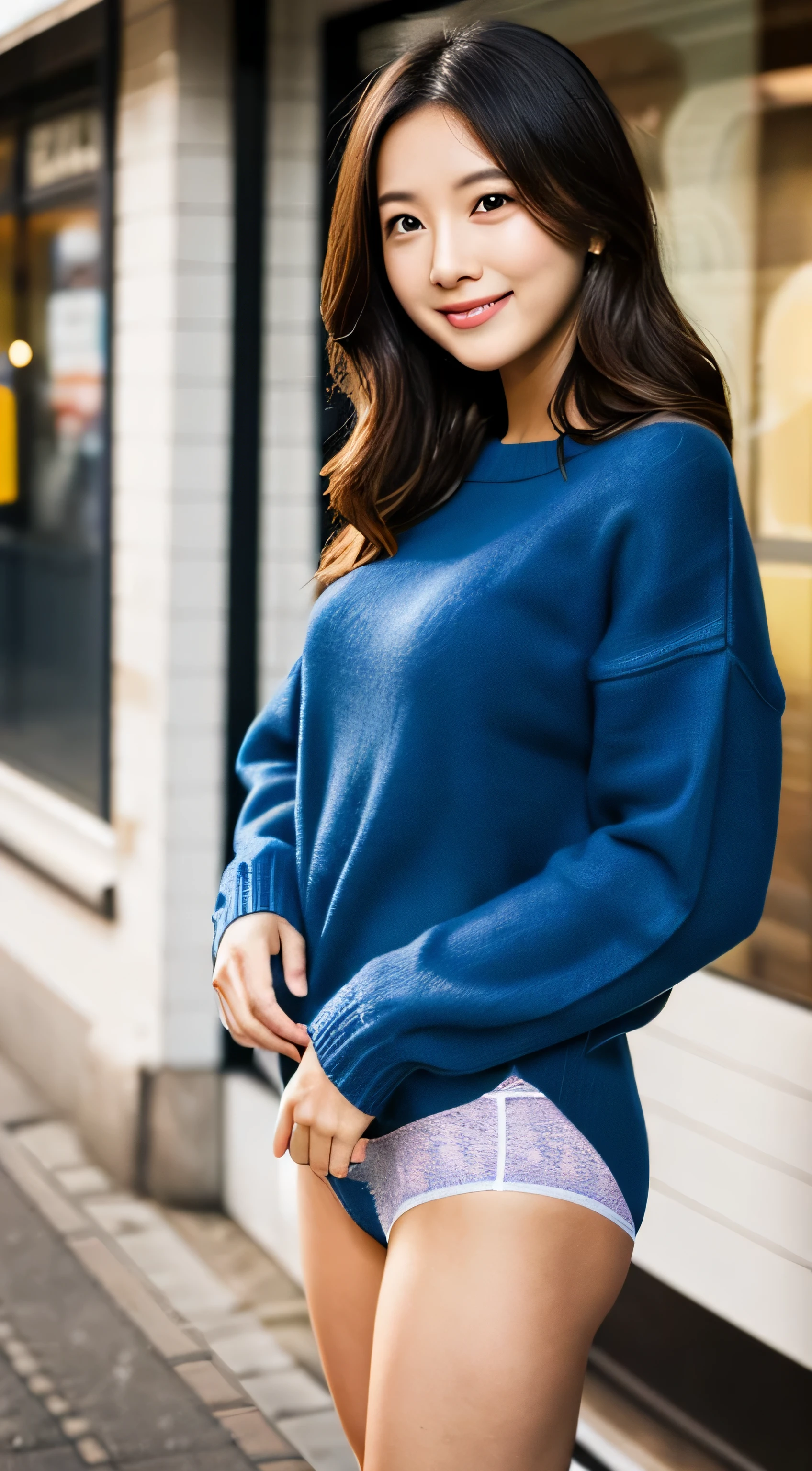 ((large loose white sweater))、(((Dark blue wool panties)))、((1人))、(((Sugamo shopping street)))、((Glamour))、(((Beautiful woman)))、((Posing cutely))、((A slight smil))、Photorealsitic、Beautiful detailed eyes、Hyper-Realism、highcontrast、Ultra HD、realistic skin textures、Top image quality、top-quality、超A high resolution、Fine details、Very meticulously