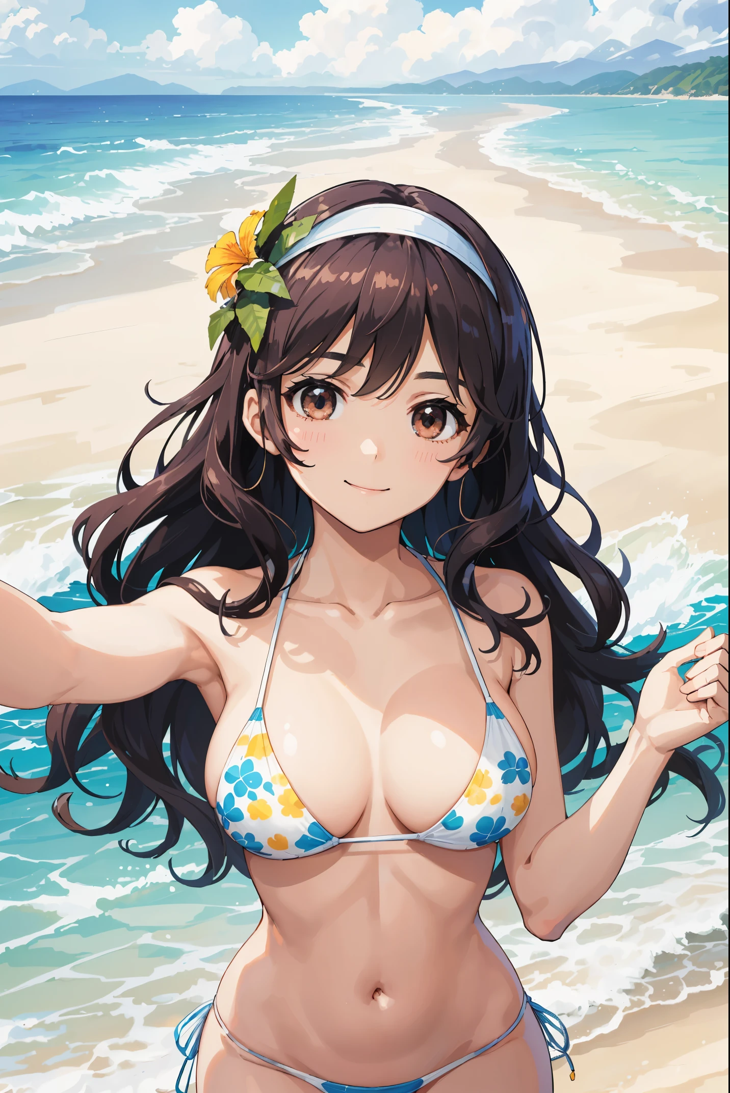 beautiful young woman，Have a perfect body and beautiful big eyes, Perfect slim and thick figure, Short and wavy hair, Headband, Delicate printed micro bikini, playing at the beach, tropical island, happy, Smile gently, Open, is a perfect face, mute, Atmospheric, clean lines, complex, Super detailed, actual, 8k