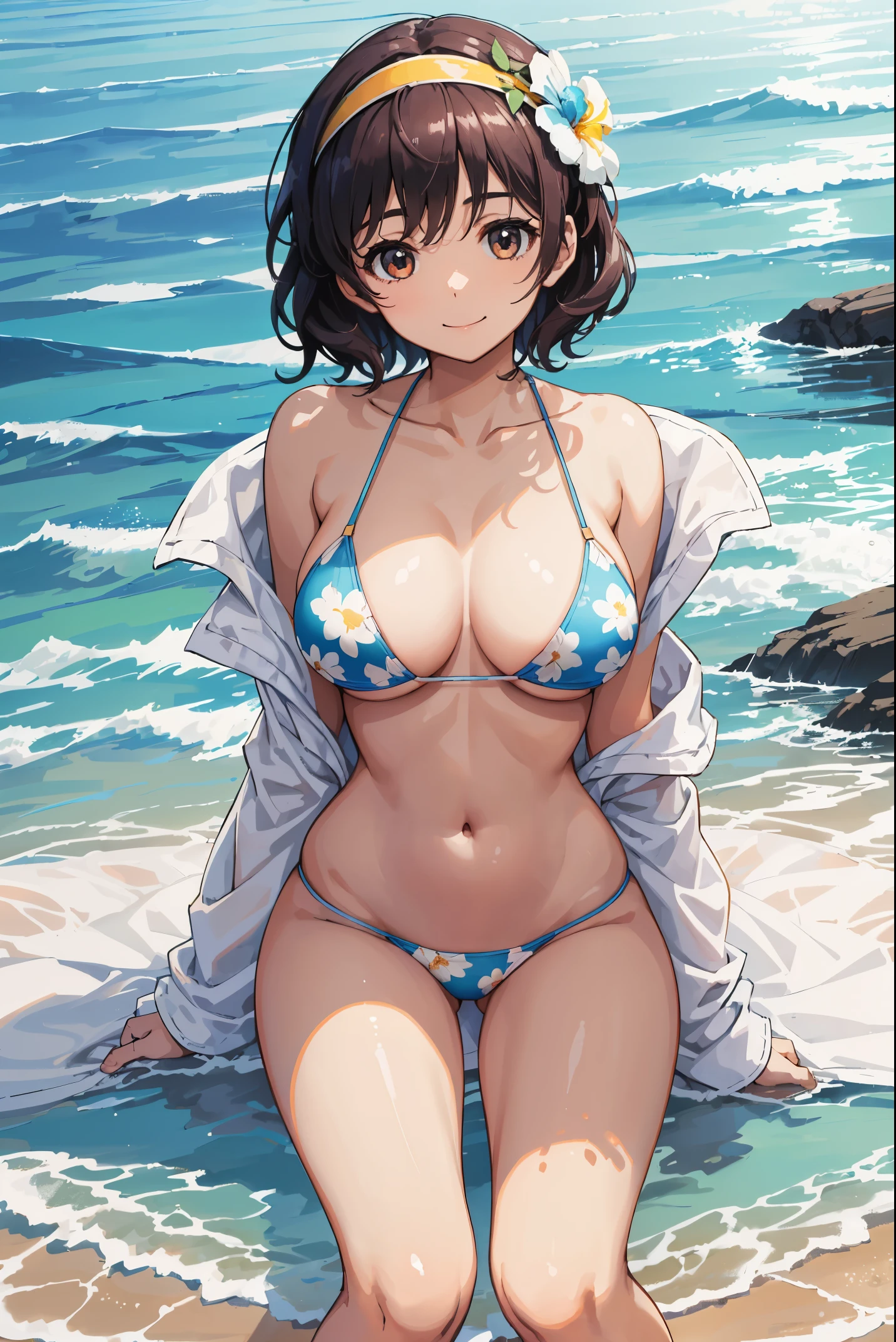 beautiful young woman，Have a perfect body and beautiful big eyes, Perfect slim and thick figure, Short and wavy hair, Headband, Delicate printed micro bikini, playing at the beach, tropical island, happy, Smile gently, Open, is a perfect face, mute, Atmospheric, clean lines, complex, Super detailed, actual, 8k