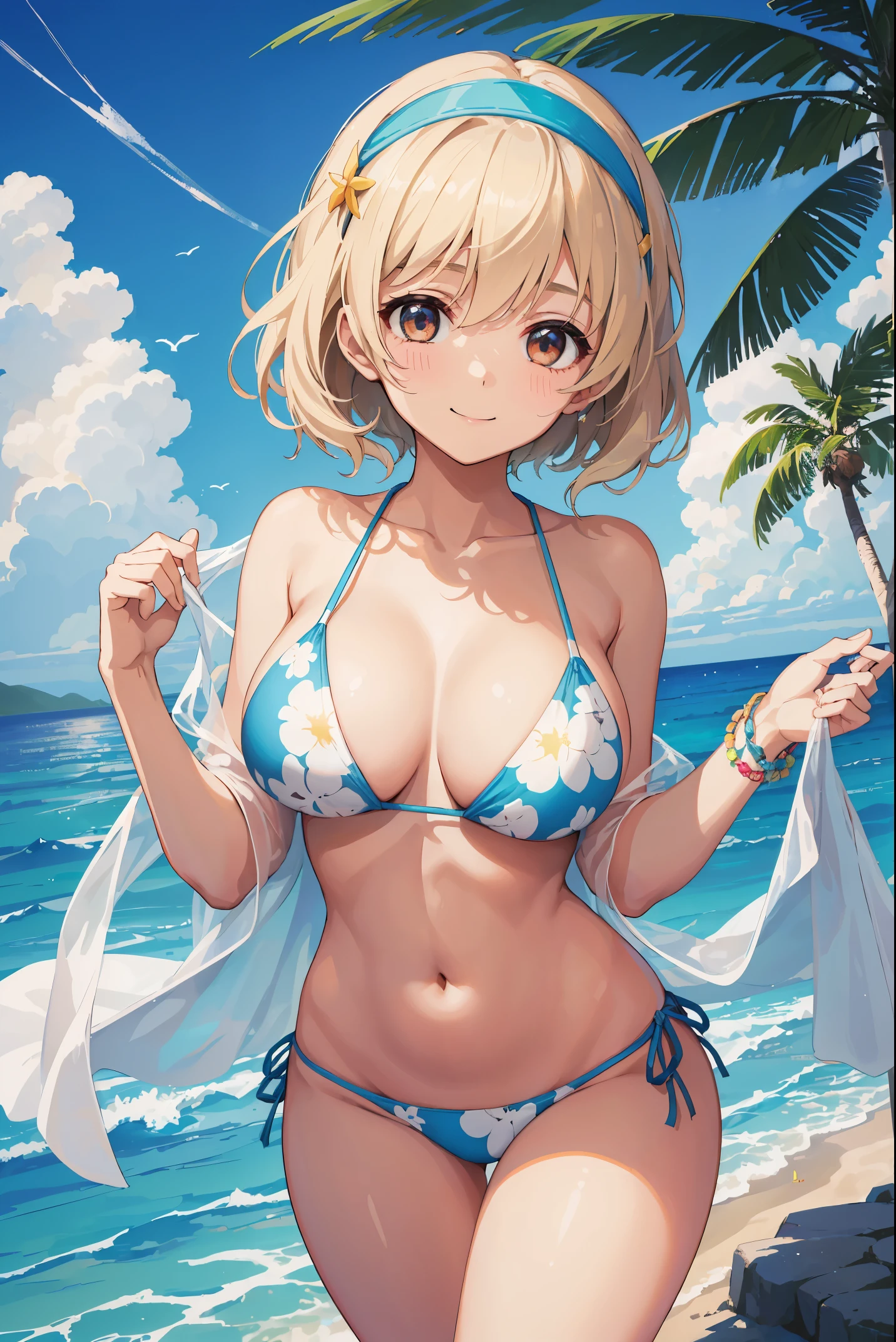 beautiful young woman，Have a perfect body and beautiful big eyes, Perfect slim and thick figure, Short and wavy hair, Headband, Delicate printed micro bikini, playing at the beach, tropical island, happy, Smile gently, Open, is a perfect face, mute, Atmospheric, clean lines, complex, Super detailed, actual, 8k