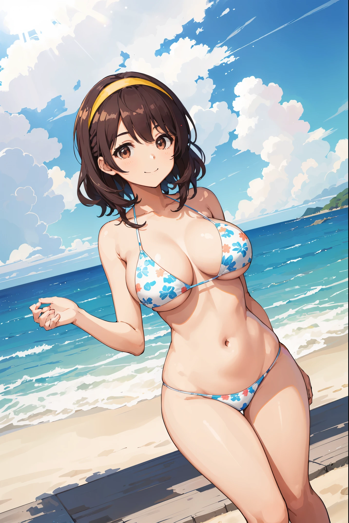 beautiful young woman，Have a perfect body and beautiful big eyes, Perfect slim and thick figure, Short and wavy hair, Headband, Delicate printed micro bikini, playing at the beach, tropical island, happy, Smile gently, Open, is a perfect face, mute, Atmospheric, clean lines, complex, Super detailed, actual, 8k