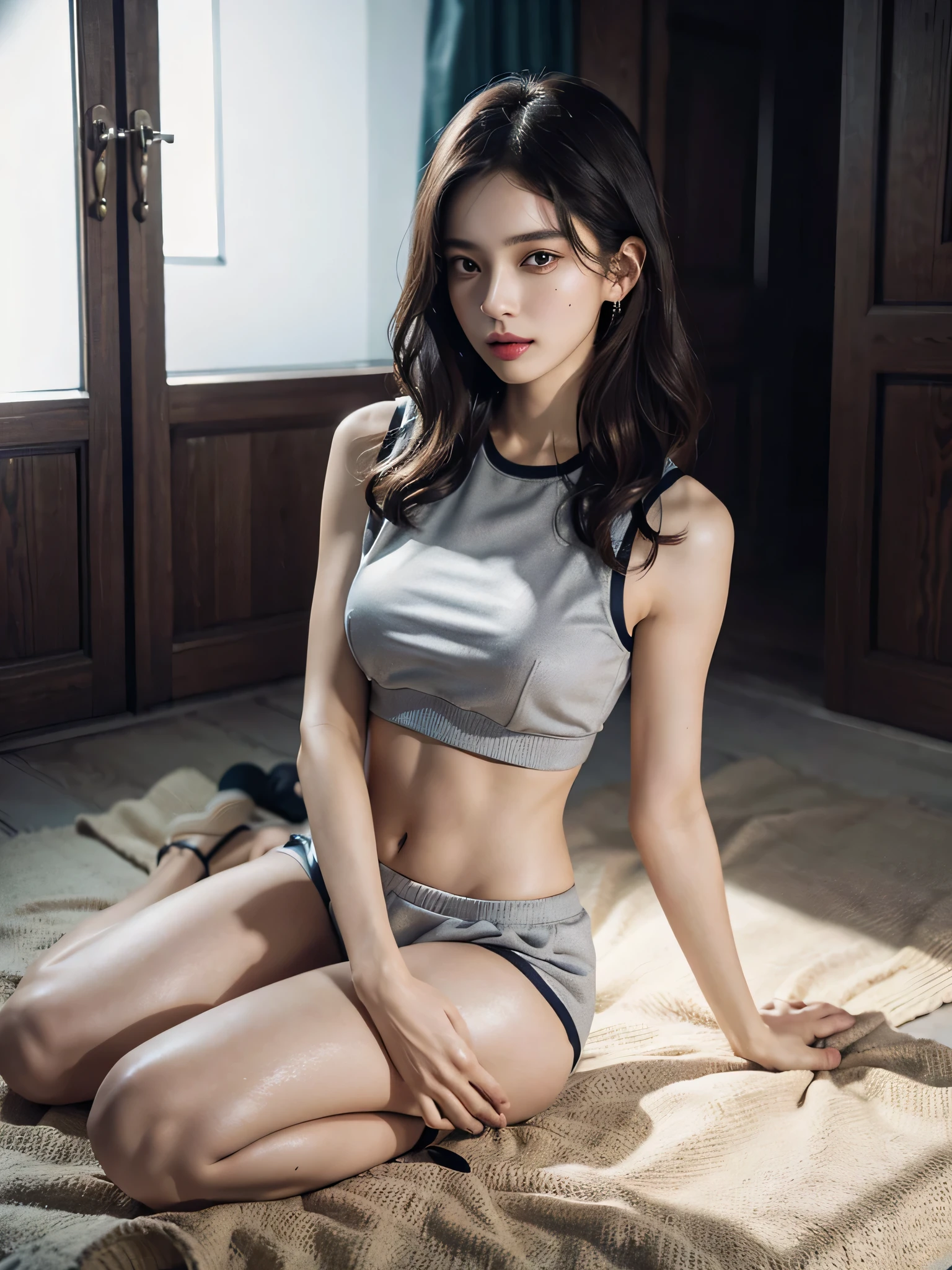 disorganized, RAW photo, very delicate and beautiful, masterpiece, highest quality, ultra high resolution, 16k, surreal, super detailed, perfect anatomy, super dense skin, perfect figure, Highly detailed CG 8k wallpaper, 20's, very slim body, (tight waist:1.1), very small head, very small face, delicate features, tearful mole, mole on chest, earrings, thin legs, (very huge round breasts:1.2), (full body shot:1.2), short middle hair, wavy hair, (tracksuit:1.3), (No sleeve:1.2), abdomen, (barefoot:1.2), (seductive pose:1.2),